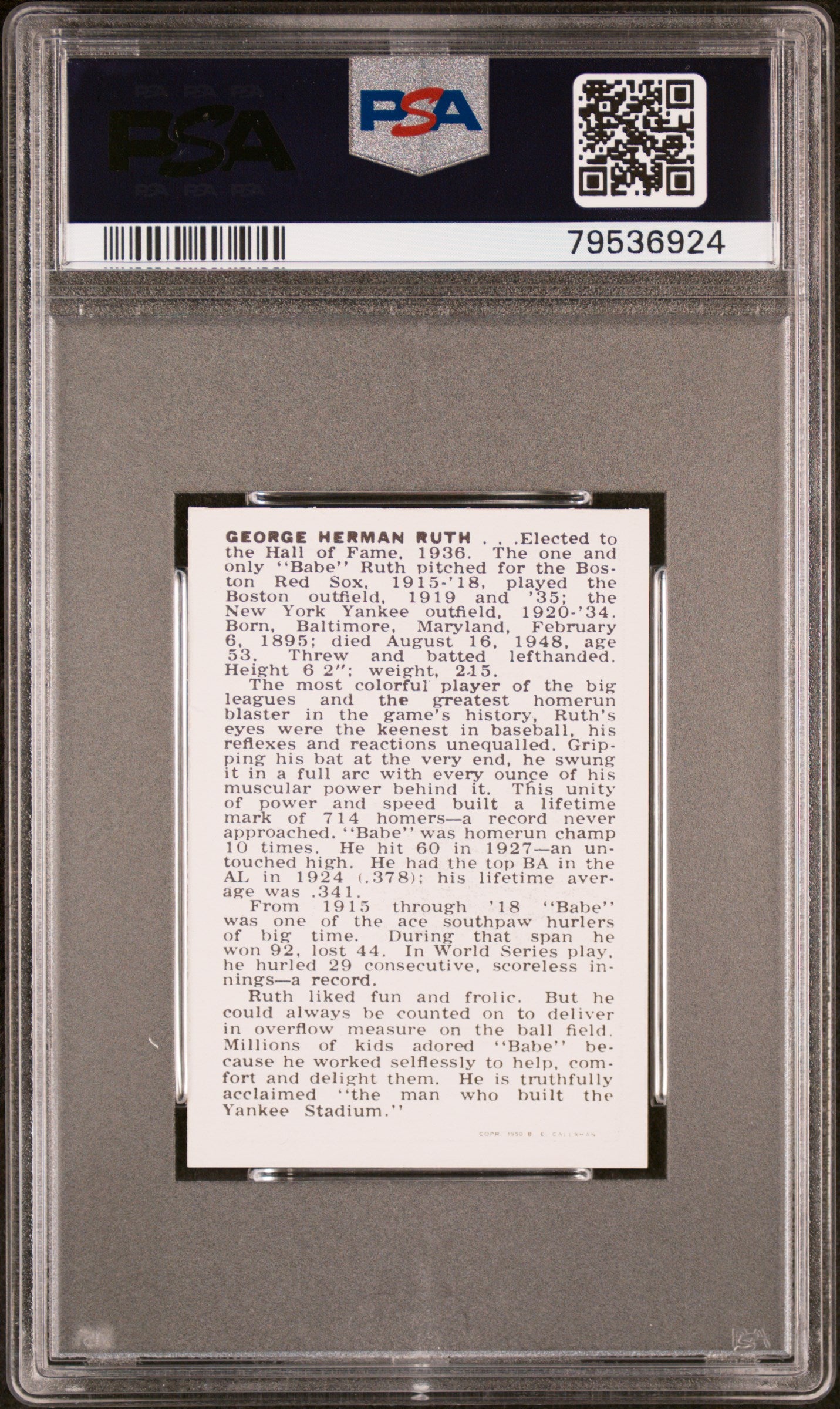 1950 Callahan Hall Of Fame Babe Ruth PSA 8