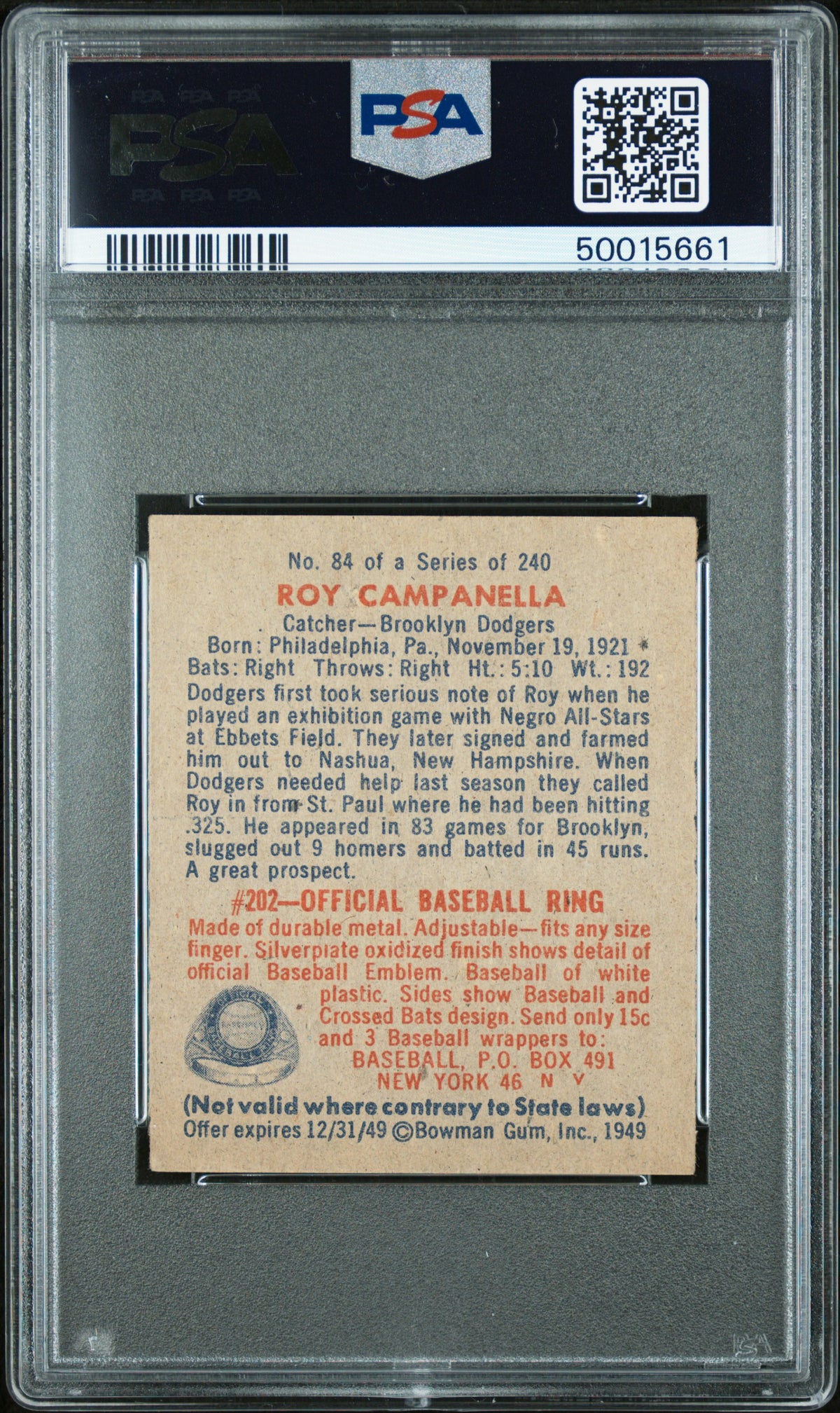 1949 Bowman Roy Campanella #84 PSA 8