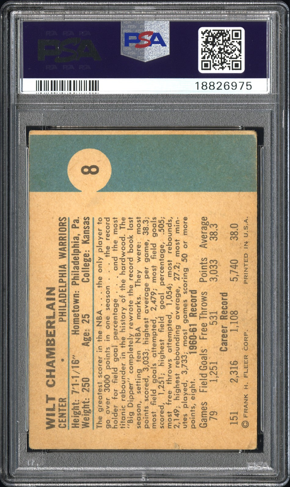 1961 Fleer Wilt Chamberlain #8 PSA 3