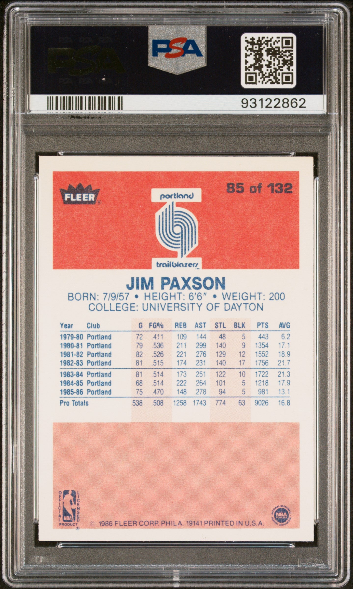 1986 Fleer Jim Paxson #85 PSA 9