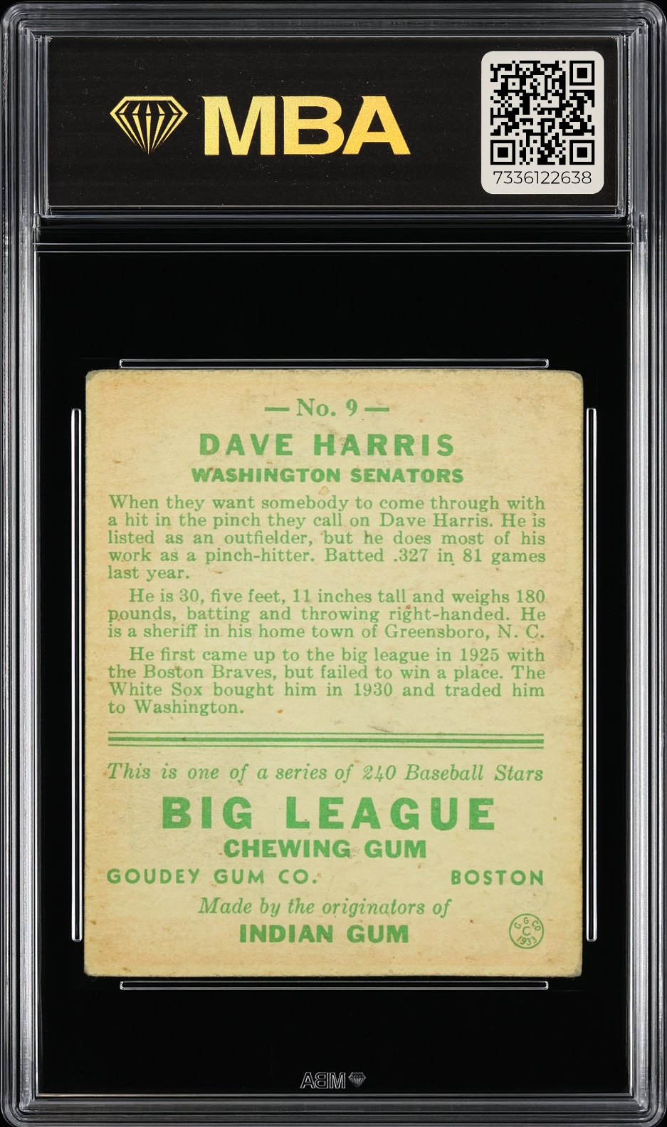 1933 Goudey Dave Harris #9 MBA 3