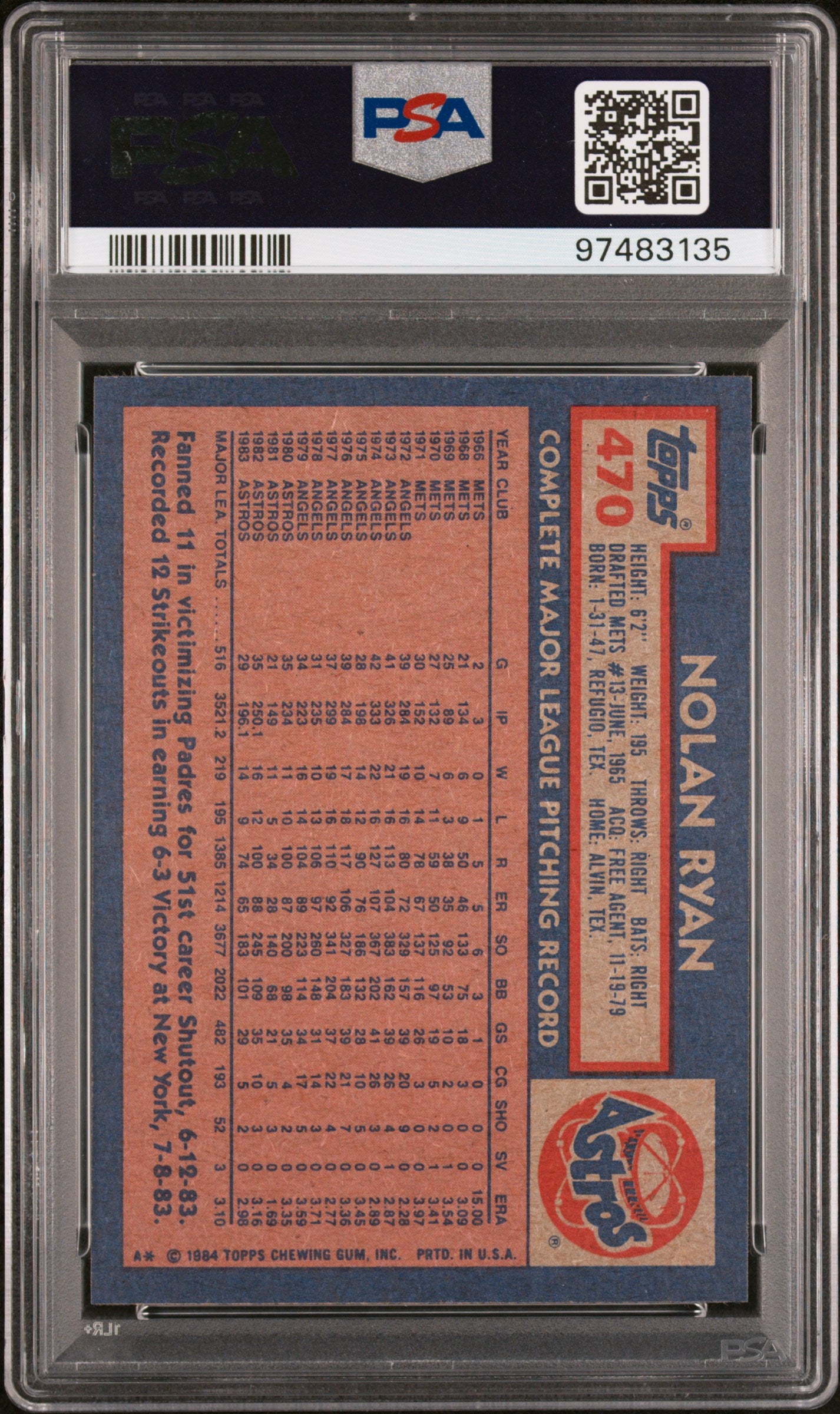 1984 Topps Nolan Ryan #470 PSA 9