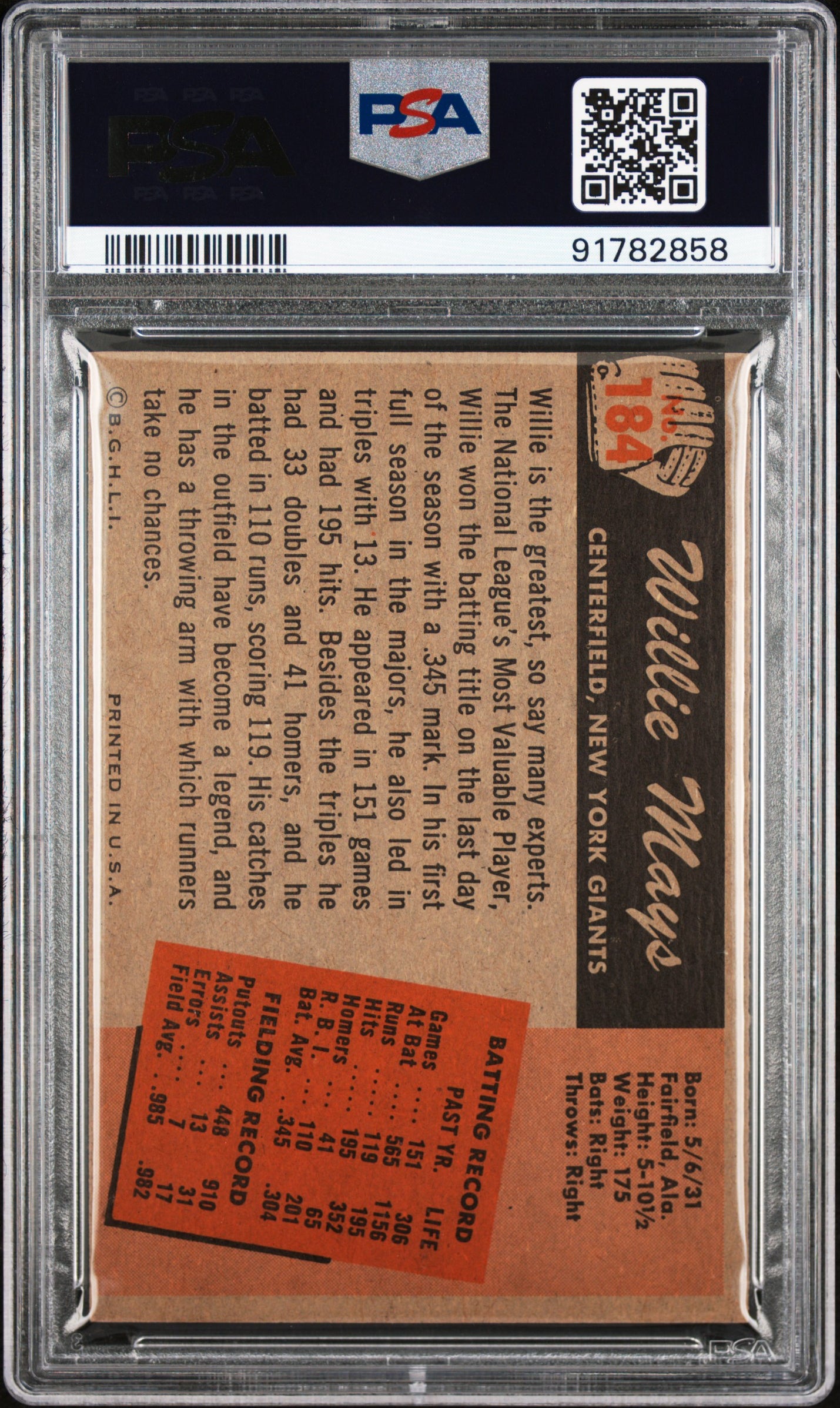 1955 Bowman Willie Mays #184 PSA 5.5
