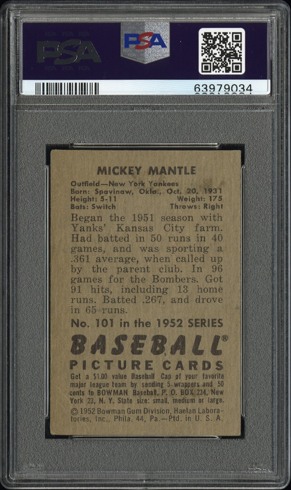 1952 Bowman Mickey Mantle #101 PSA 2.5