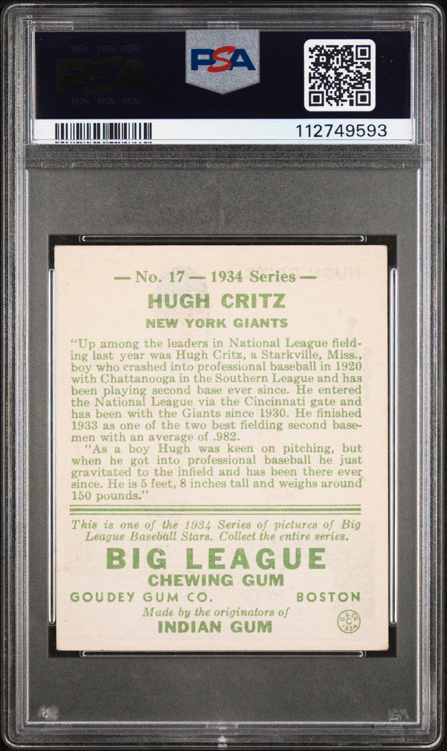 1934 Goudey Hugh Critz #17 PSA 4