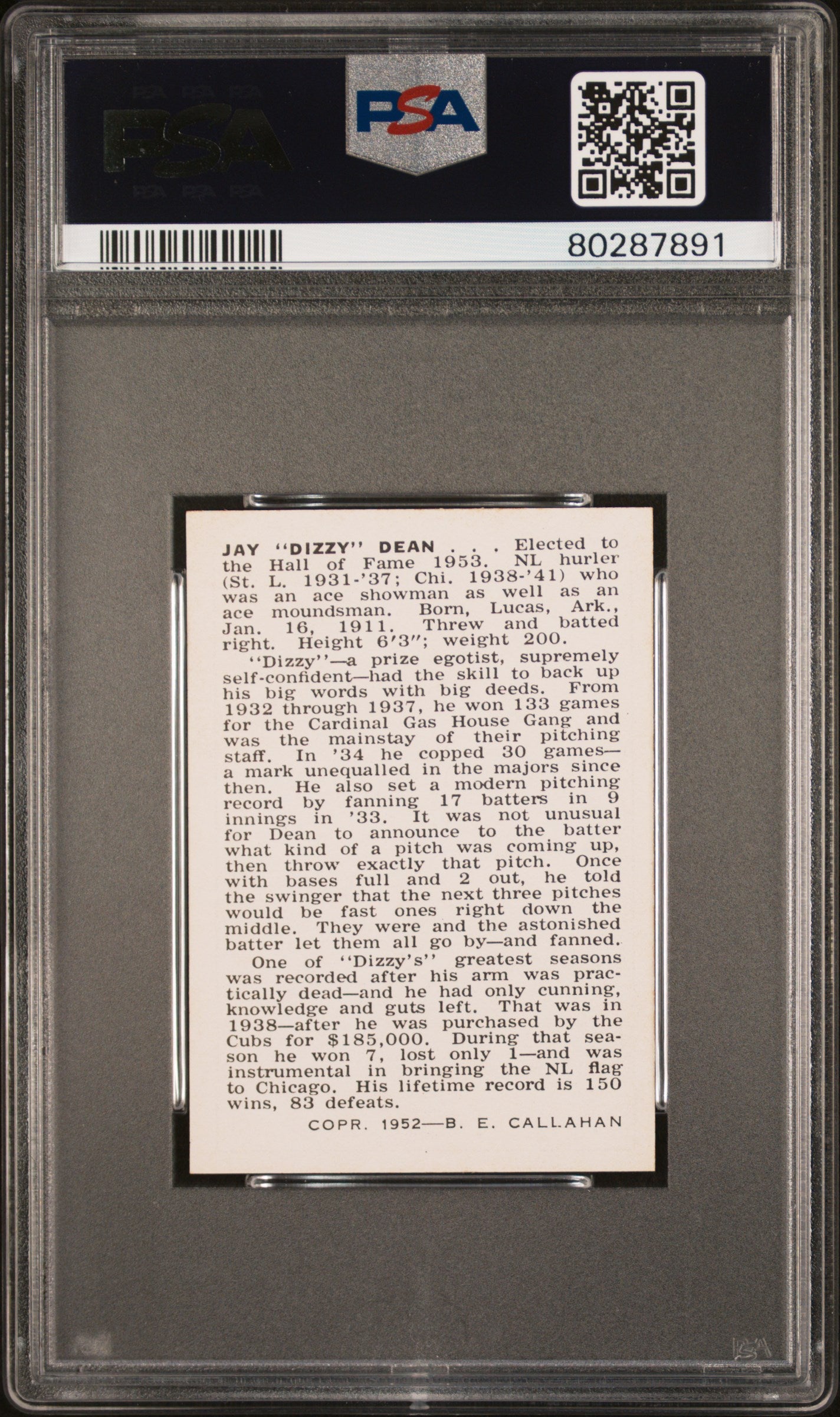 1950-56 Callahan Hall Of Fame Dizzy Dean PSA 7