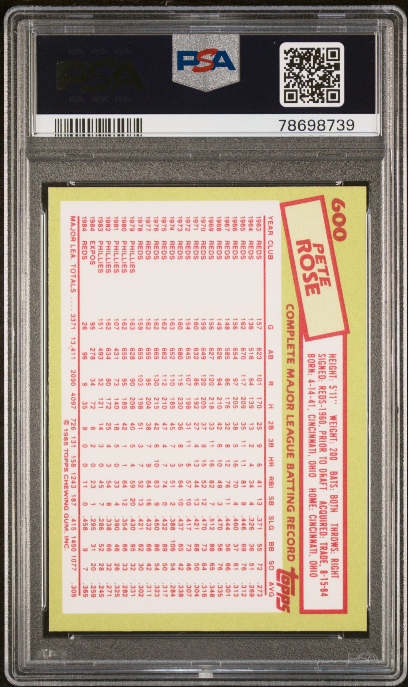 1985 Topps Tiffany Pete Rose #600 PSA 10