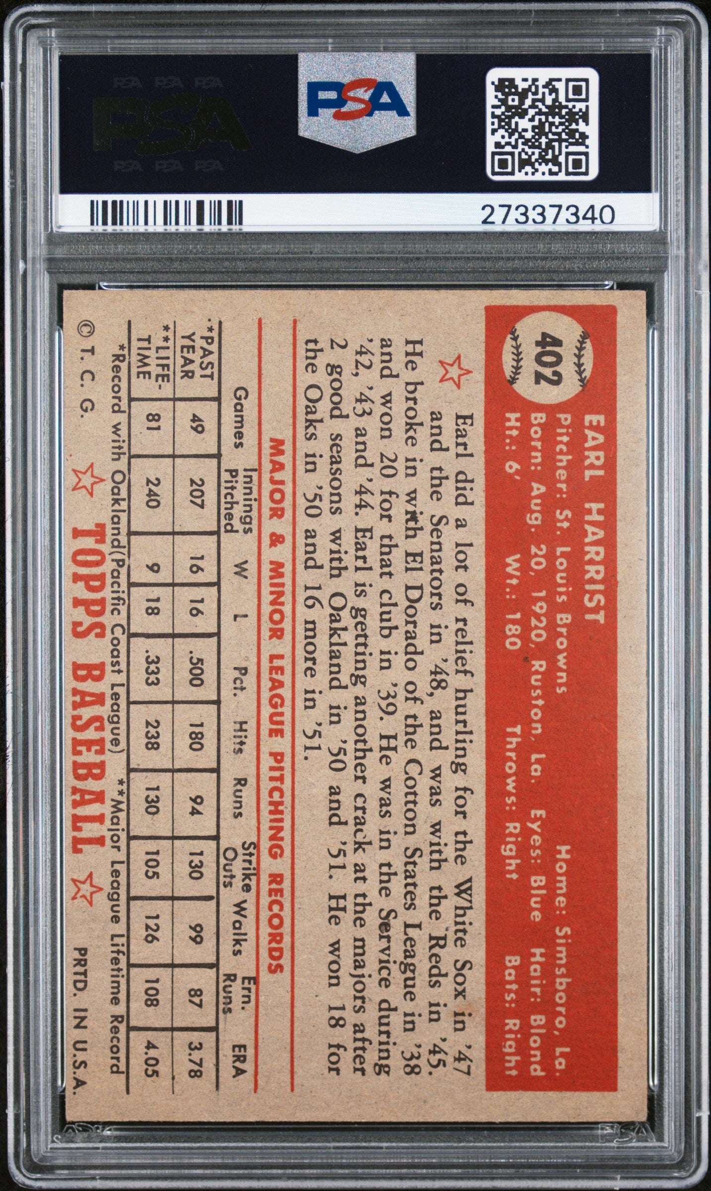 1952 Topps Earl Harrist #402 PSA 7