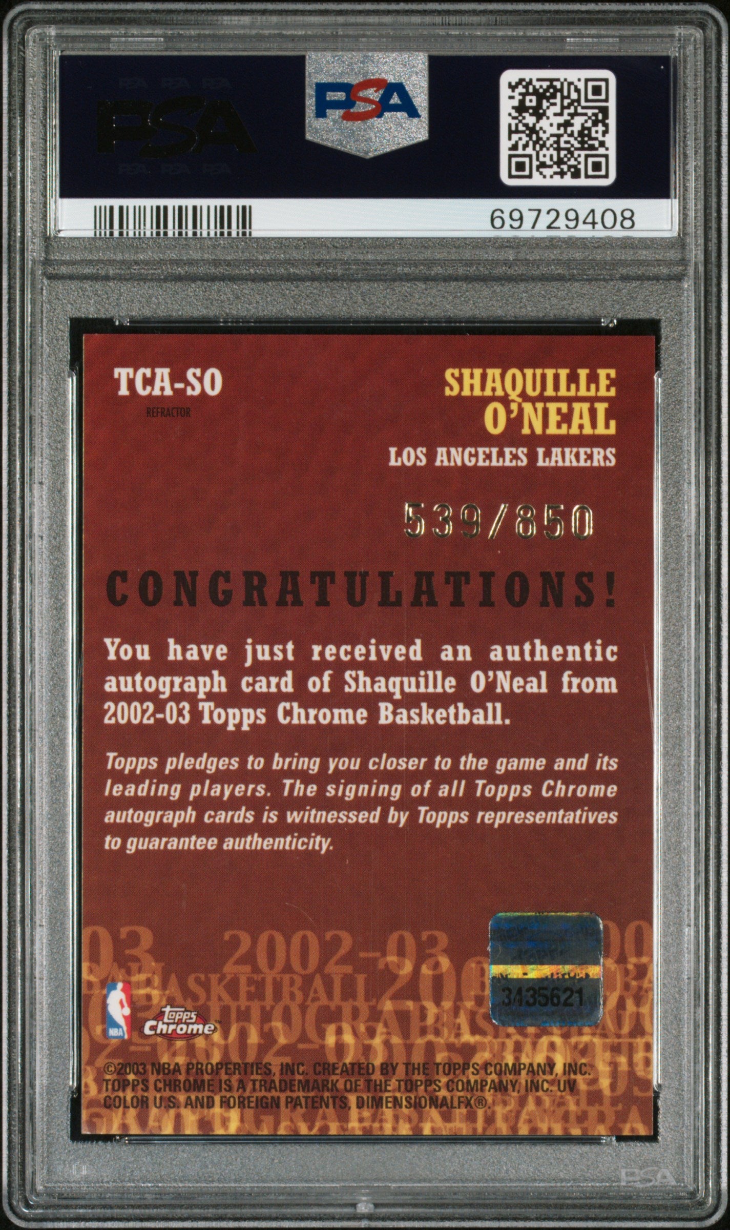 2002 Topps Chrome Certified Autograph Shaquille O'Neal #TCASO Refractor PSA 7