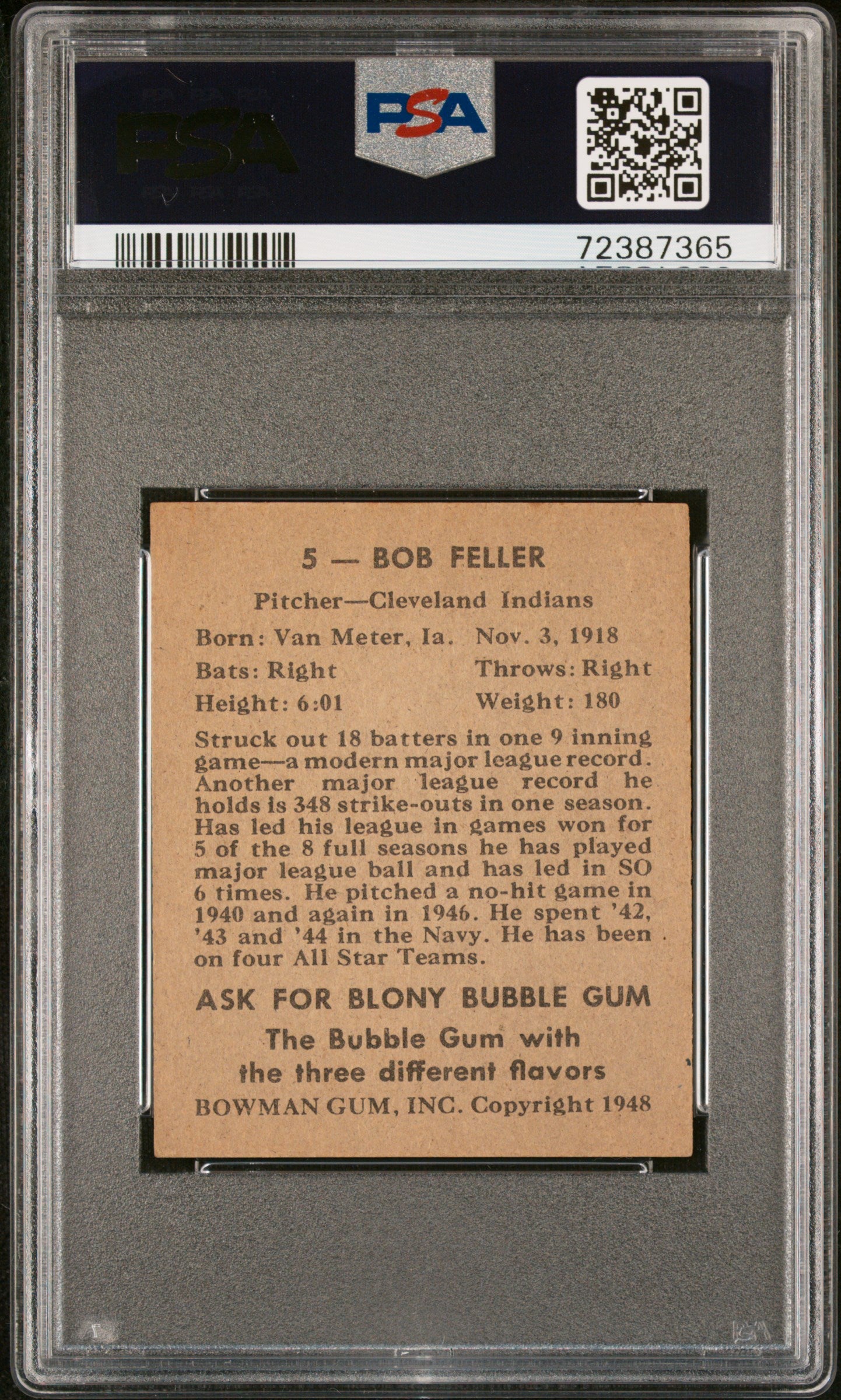 1948 Bowman Bob Feller #5 PSA A Auto 10