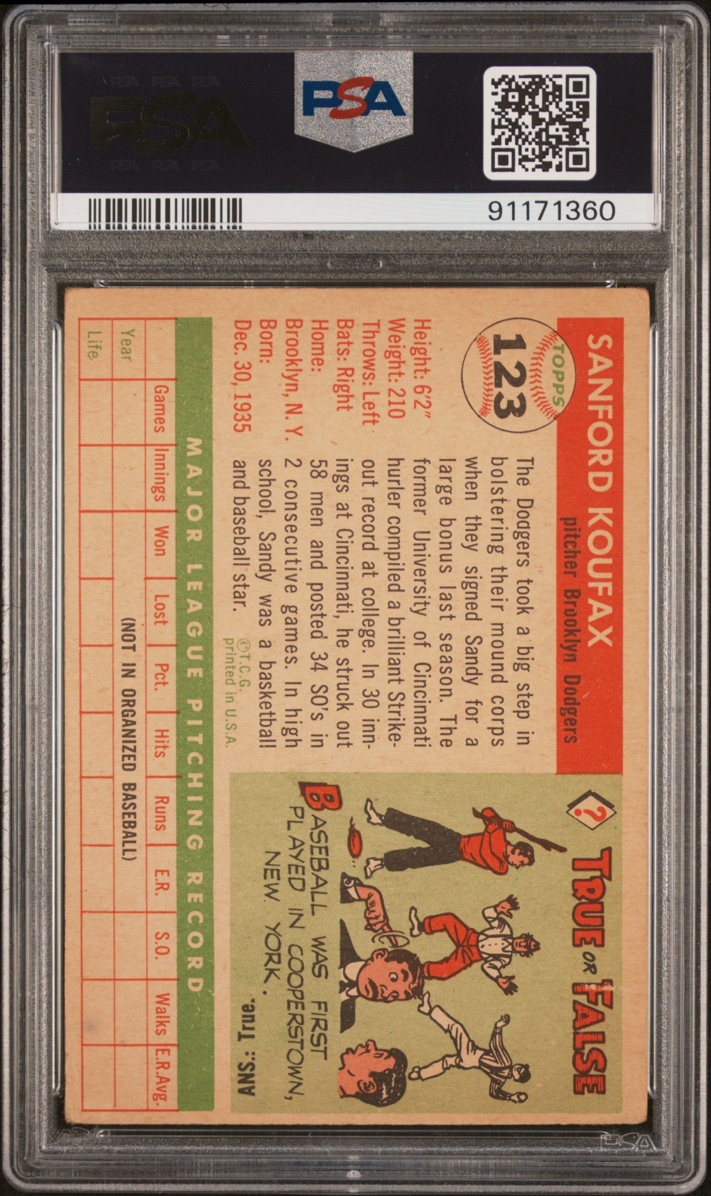1955 Topps Sandy Koufax #123 PSA 3