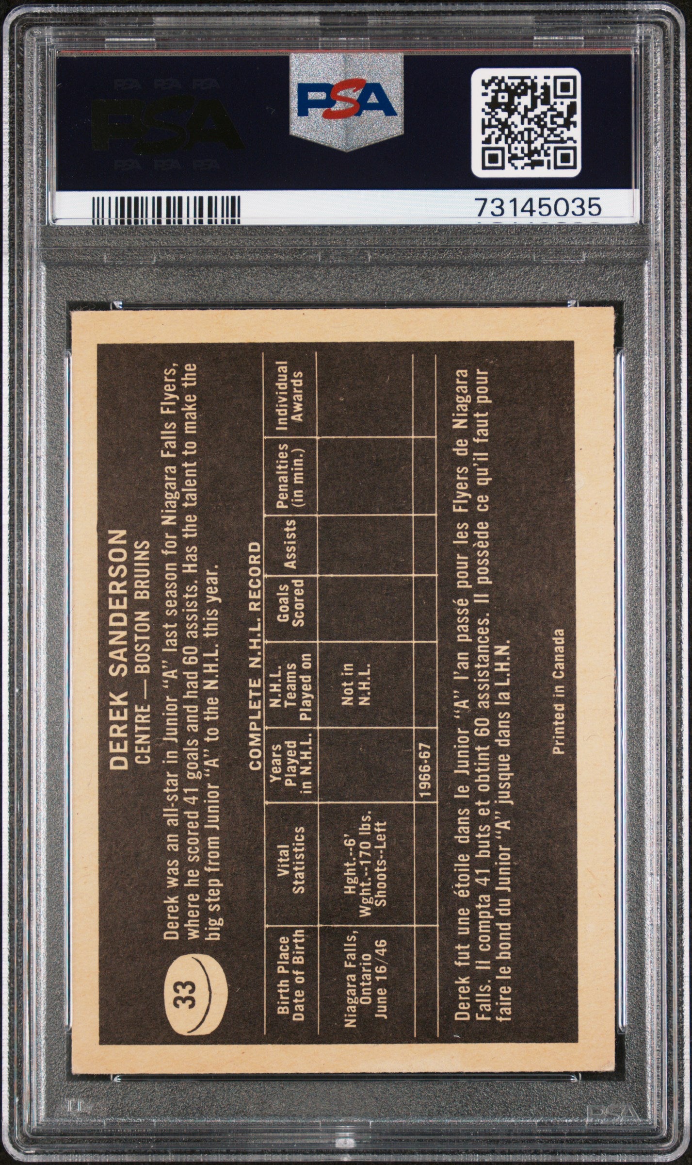1967 Topps Derek Sanderson #33 PSA 5