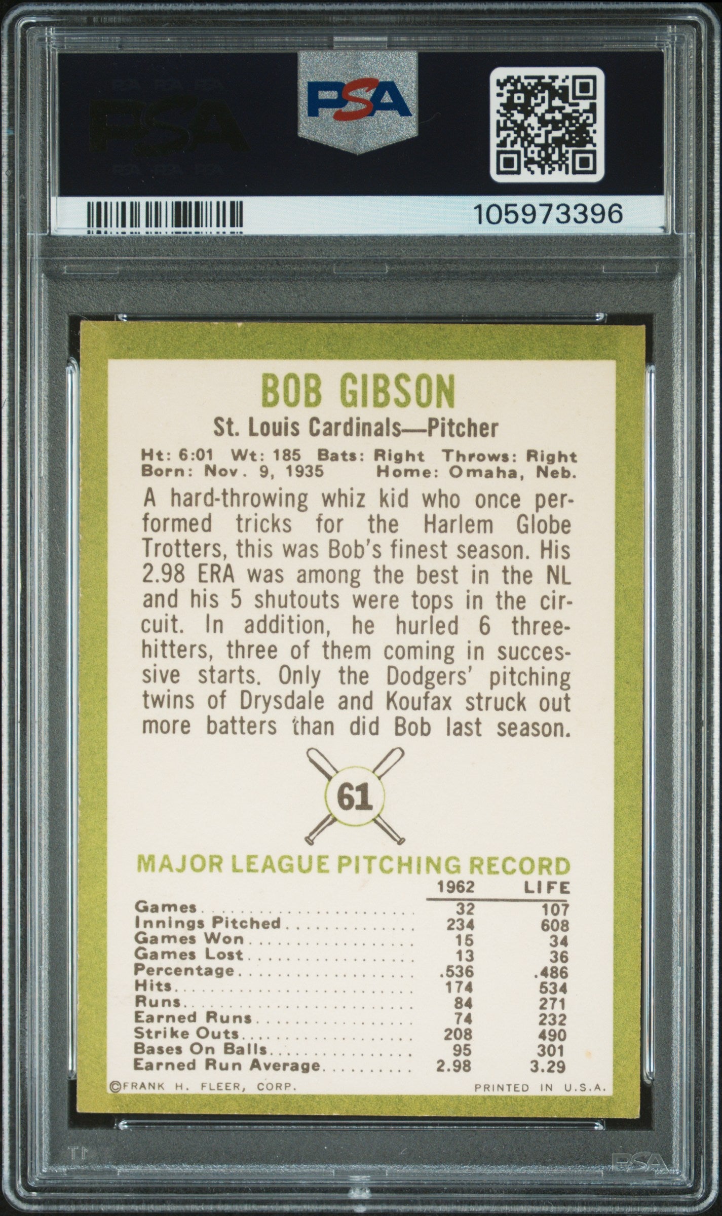 1963 Fleer Bob Gibson #61 PSA 8