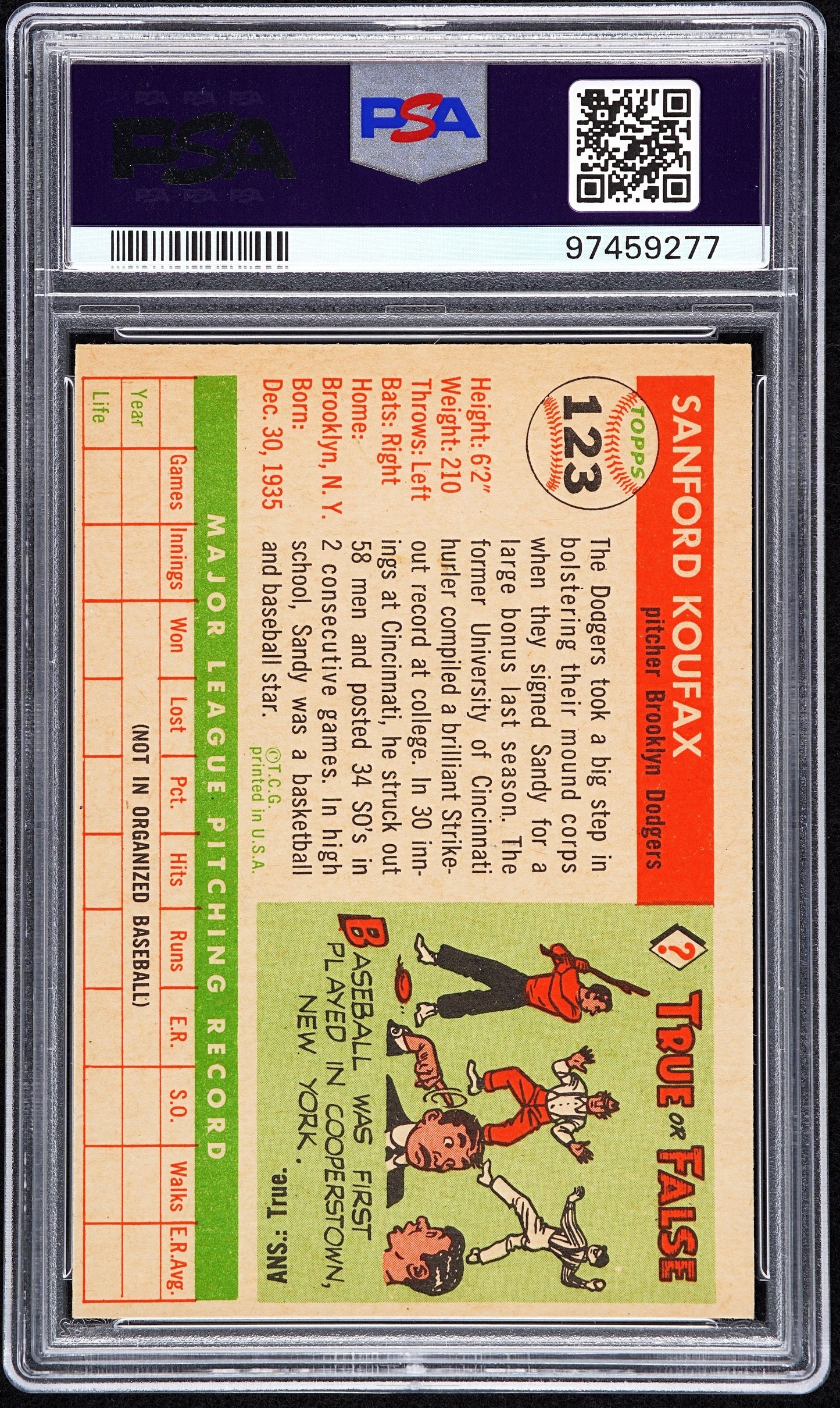 1955 Topps Sandy Koufax #123 PSA 6 Auto 10