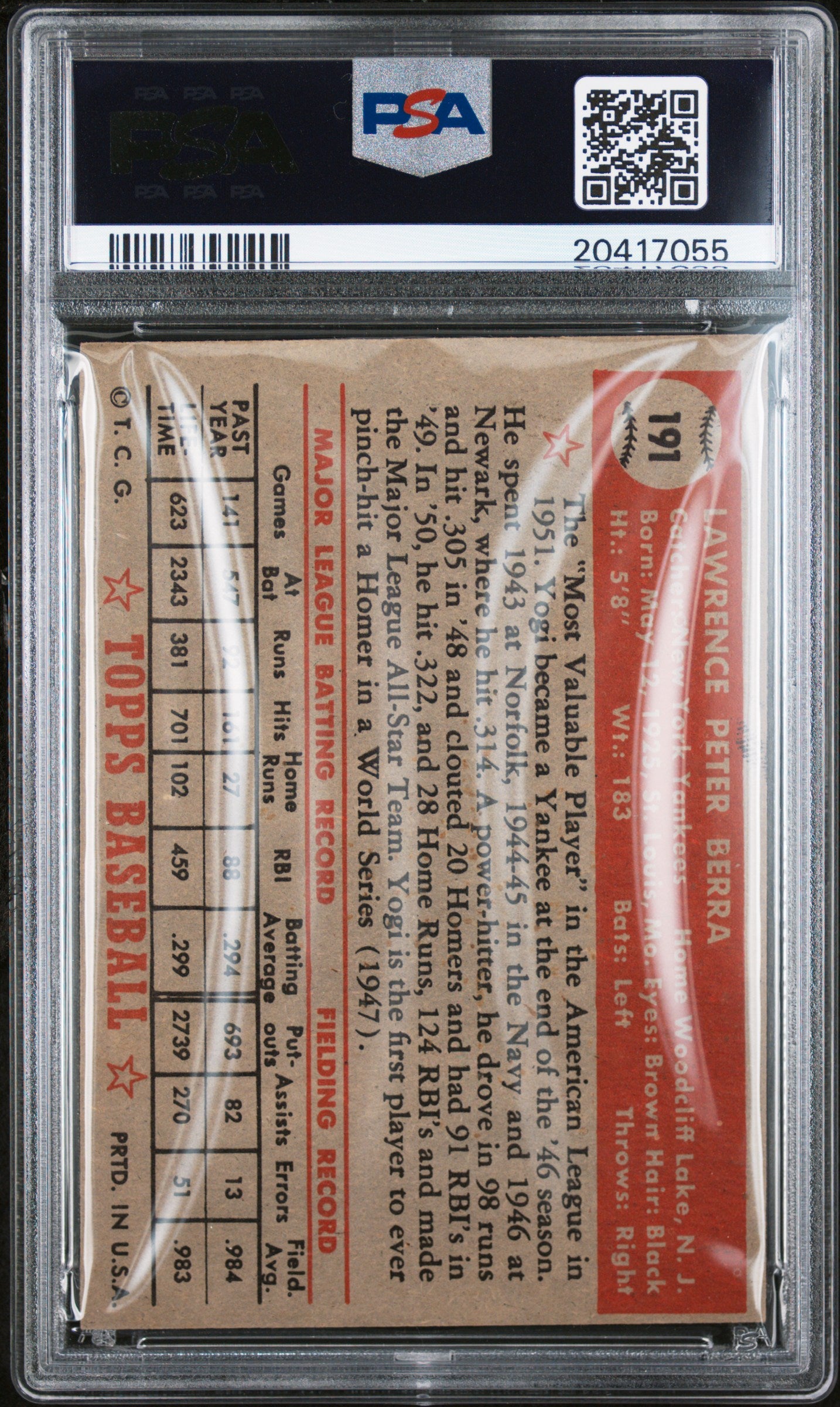 1952 Topps Yogi Berra #191 PSA 7