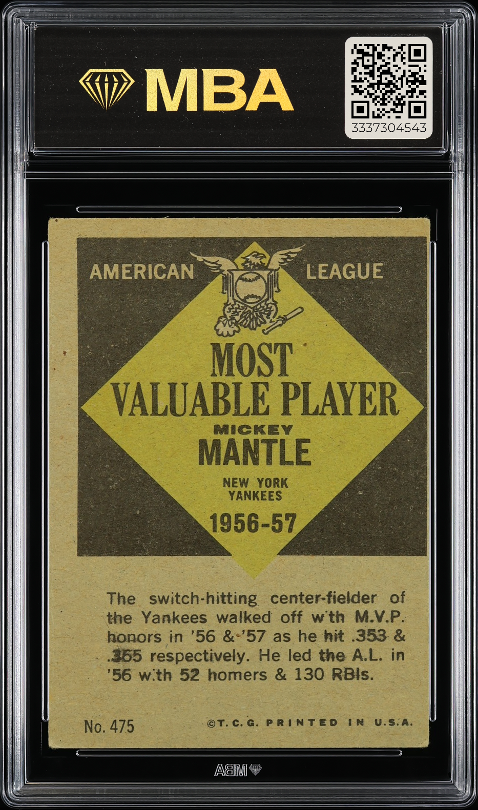 1961 Topps Mickey Mantle #475 MVP MBA 3