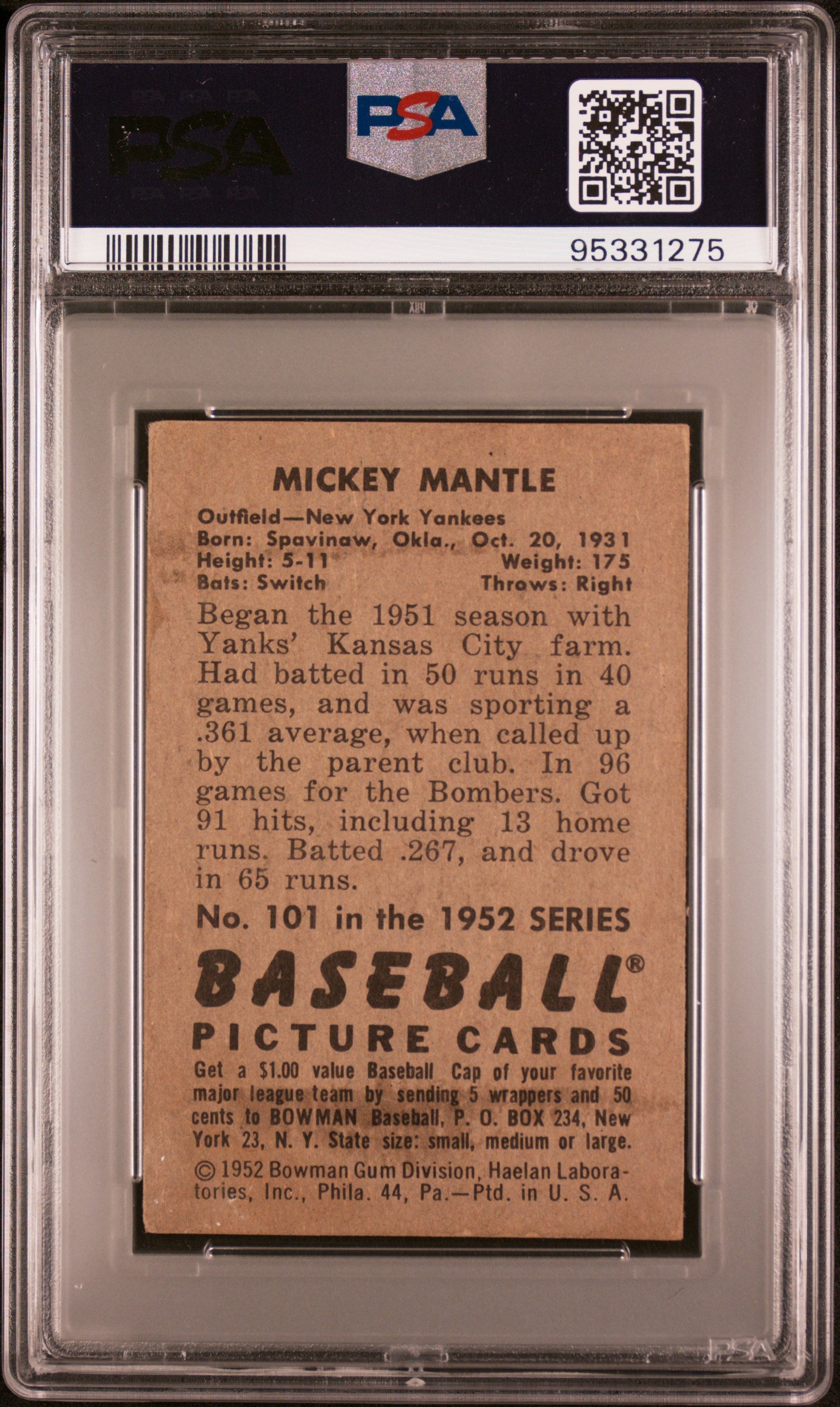 1952 Bowman Mickey Mantle #101 PSA 2