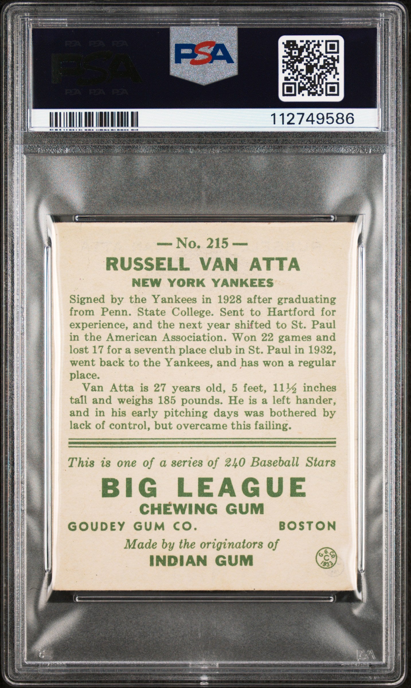 1933 Goudey Russell Van Atta #215 PSA 2.5