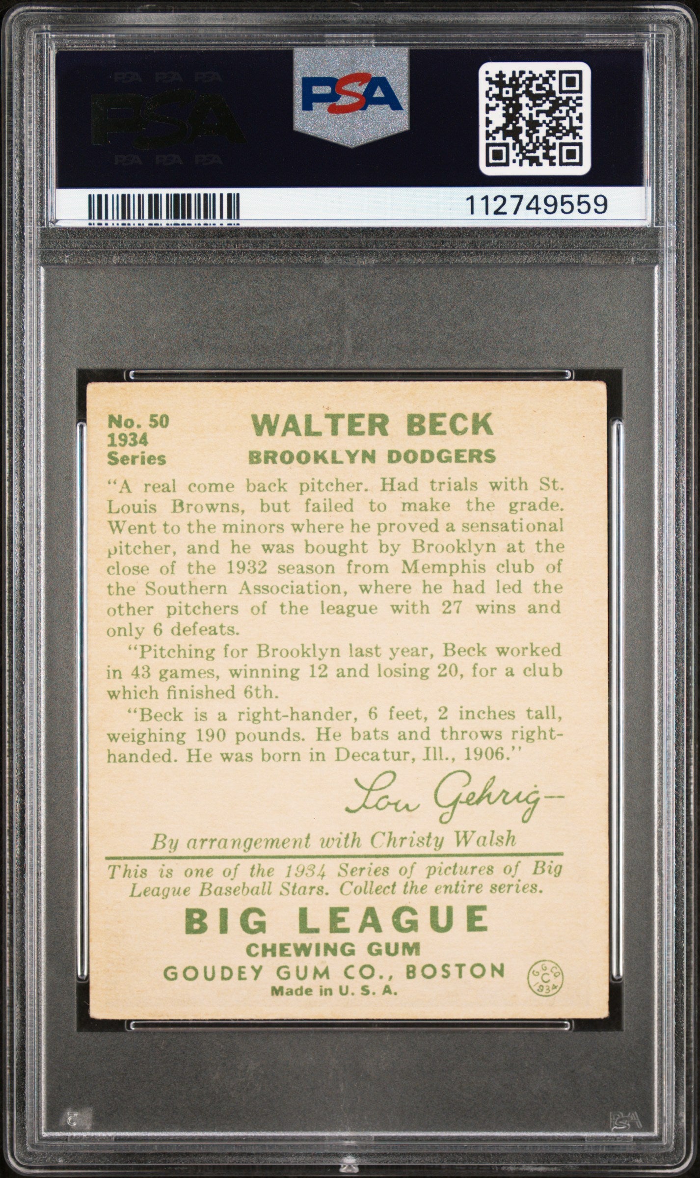 1934 Goudey Walter Beck #50 PSA 4