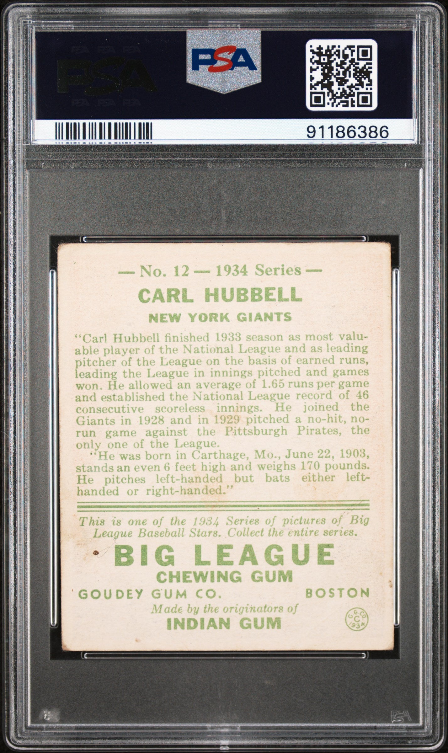 1934 Goudey Carl Hubbell #12 PSA 2