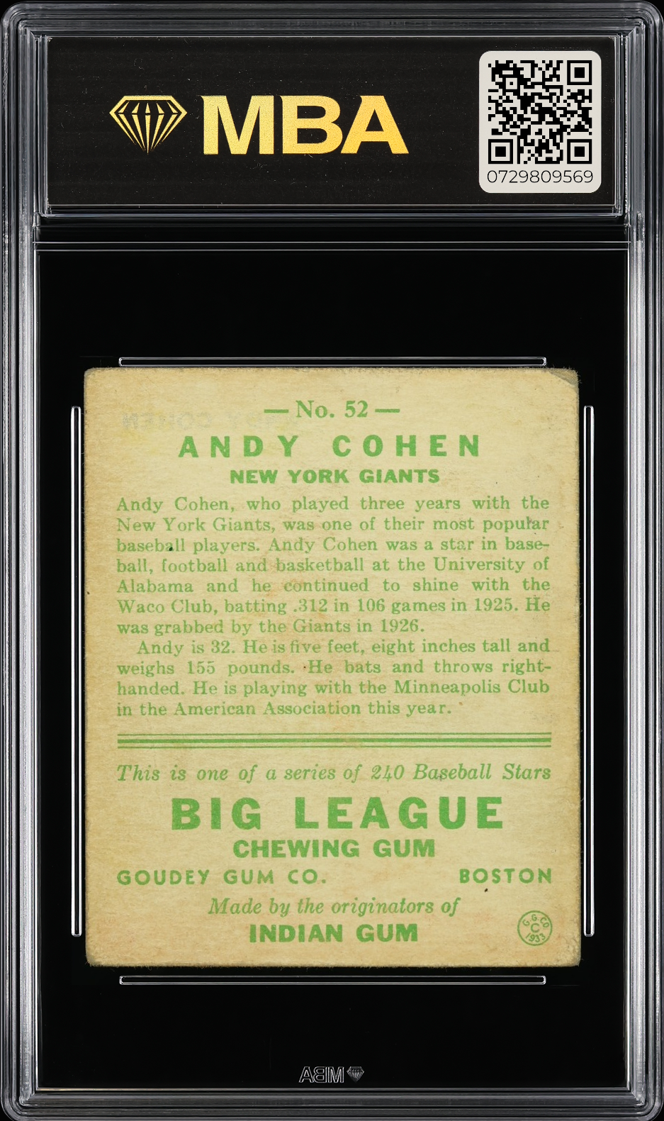 1933 Goudey Andy Cohen #52 MBA 2
