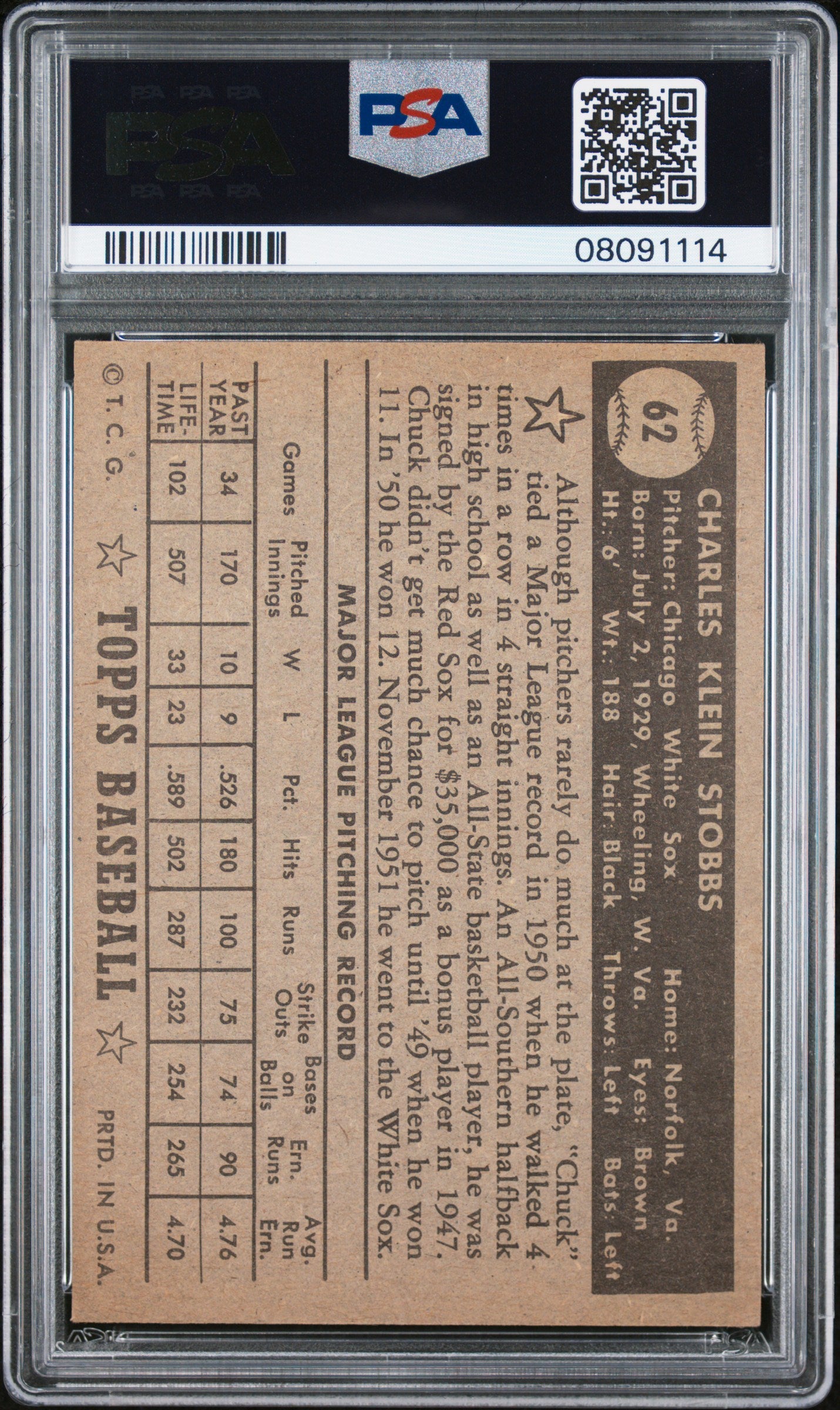 1952 Topps Chuck Stobbs #62 Black Back PSA 7