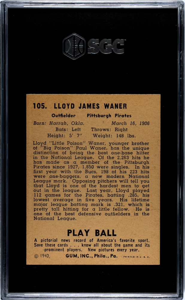 1940 Playball Lloyd Waner #105 SGC 3.5