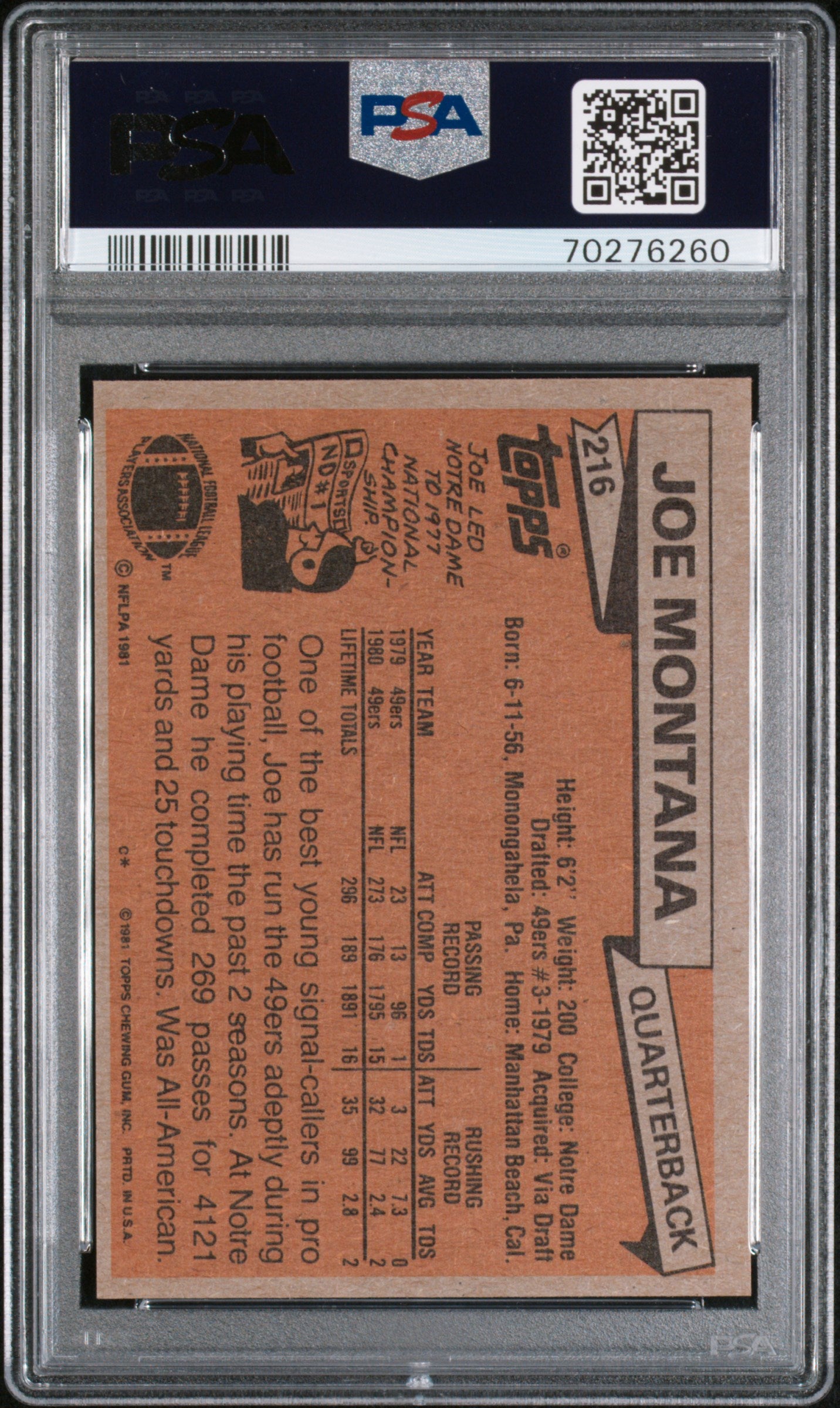 1981 Topps Joe Montana #216 PSA 7