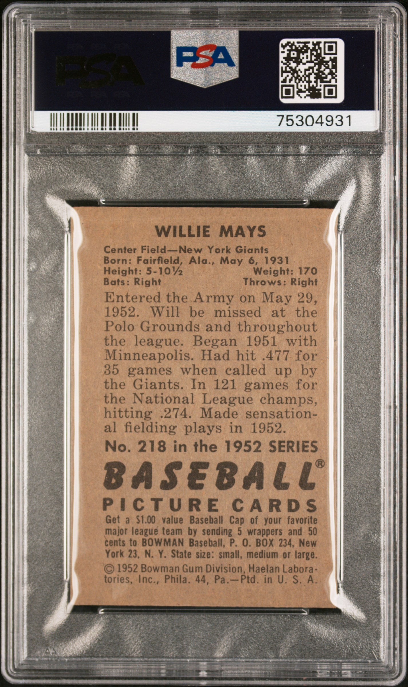 1952 Bowman Willie Mays #218 PSA 2.5