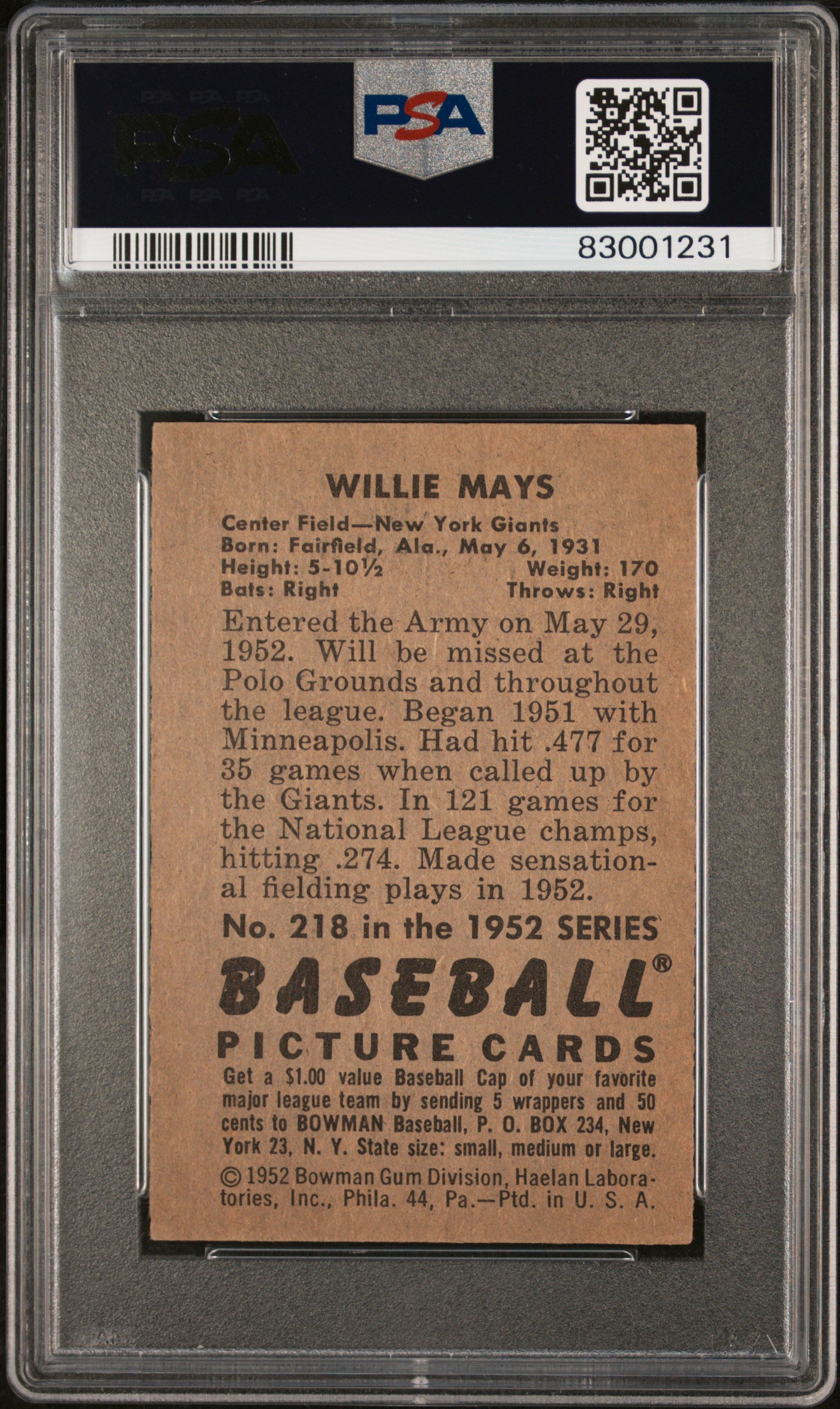 1952 Bowman Willie Mays #218 PSA 4