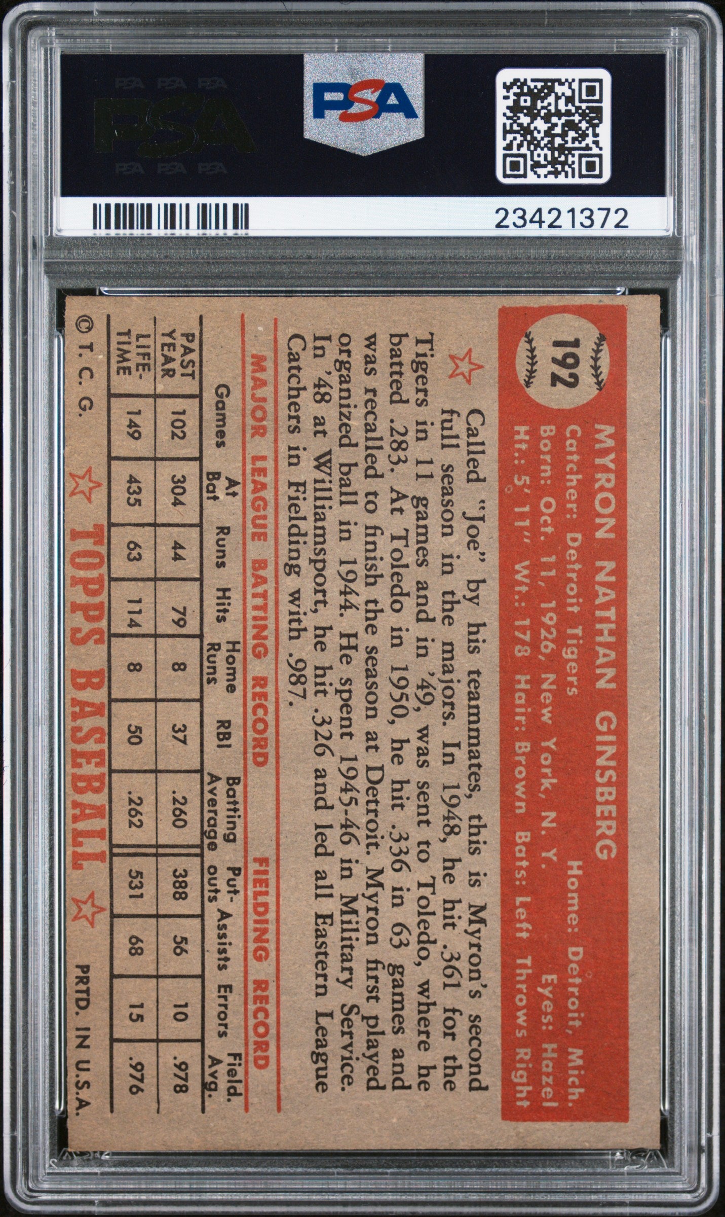 1952 Topps Myron Ginsberg #192 PSA 7