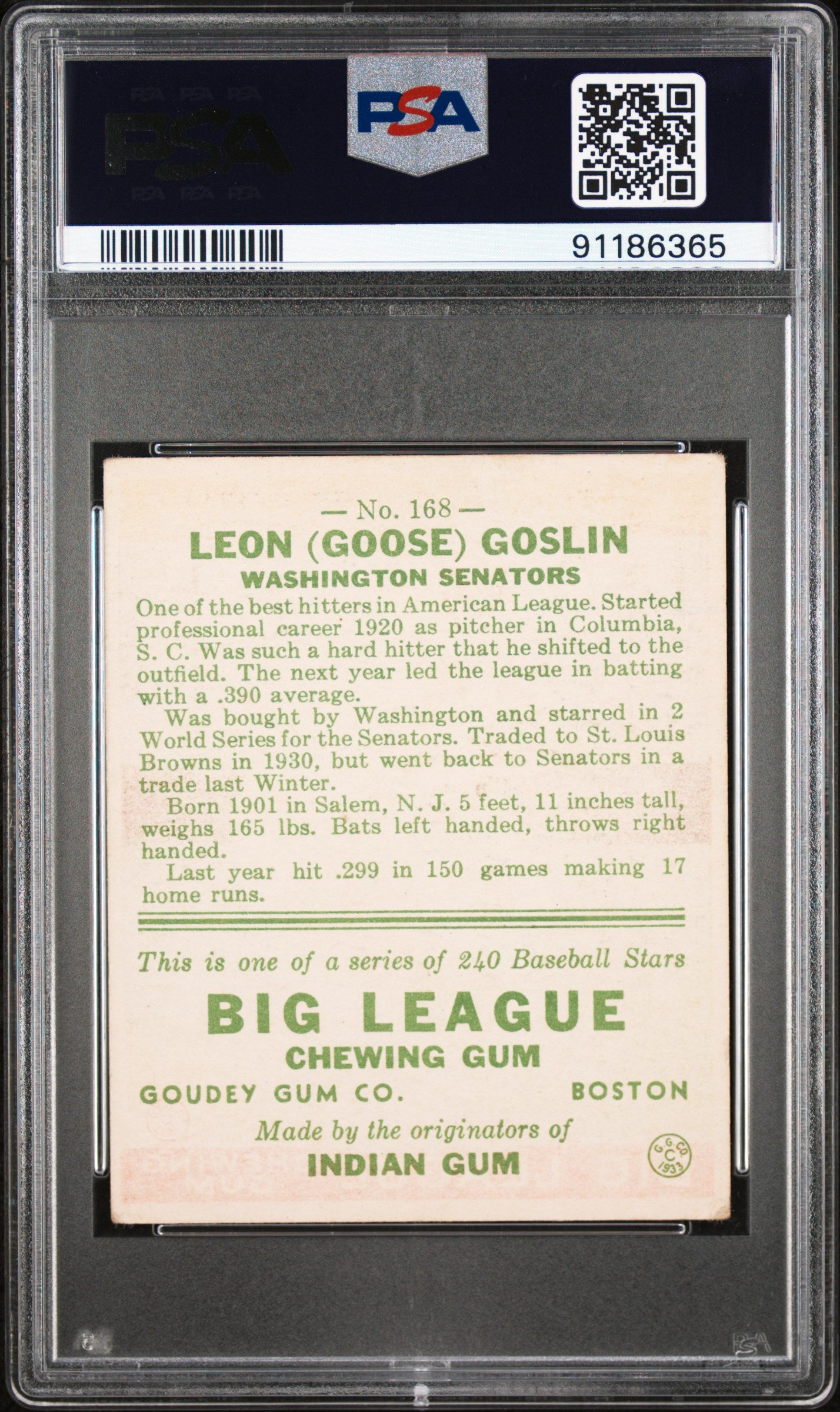 1933 Goudey Goose Goslin #168 PSA 4