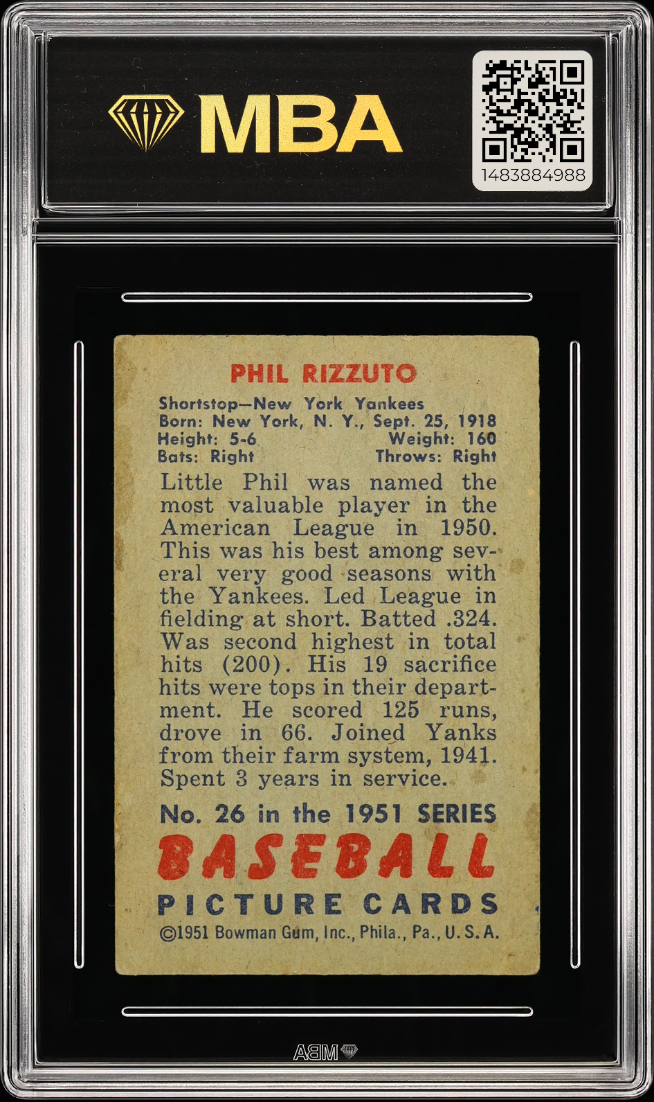 1951 Bowman Phil Rizzuto #26 MBA 2