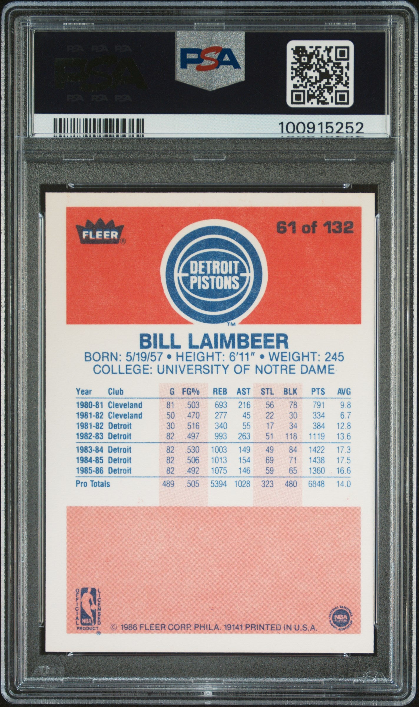 1986 Fleer Bill Laimbeer #61 PSA 9