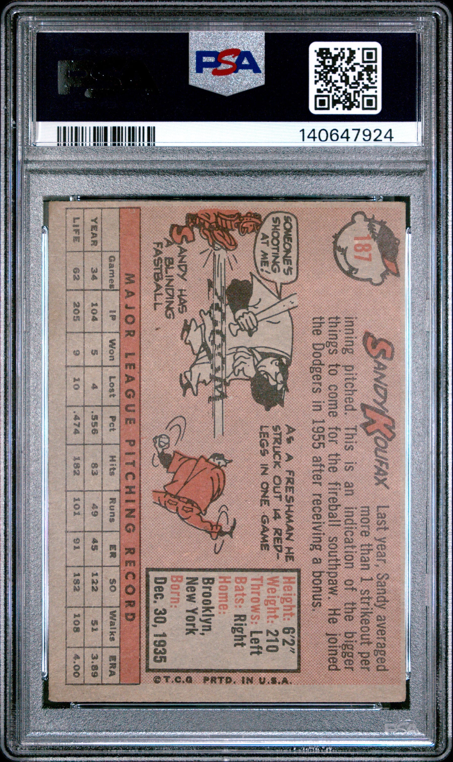 1958 Topps Sandy Koufax #187 PSA 3.5