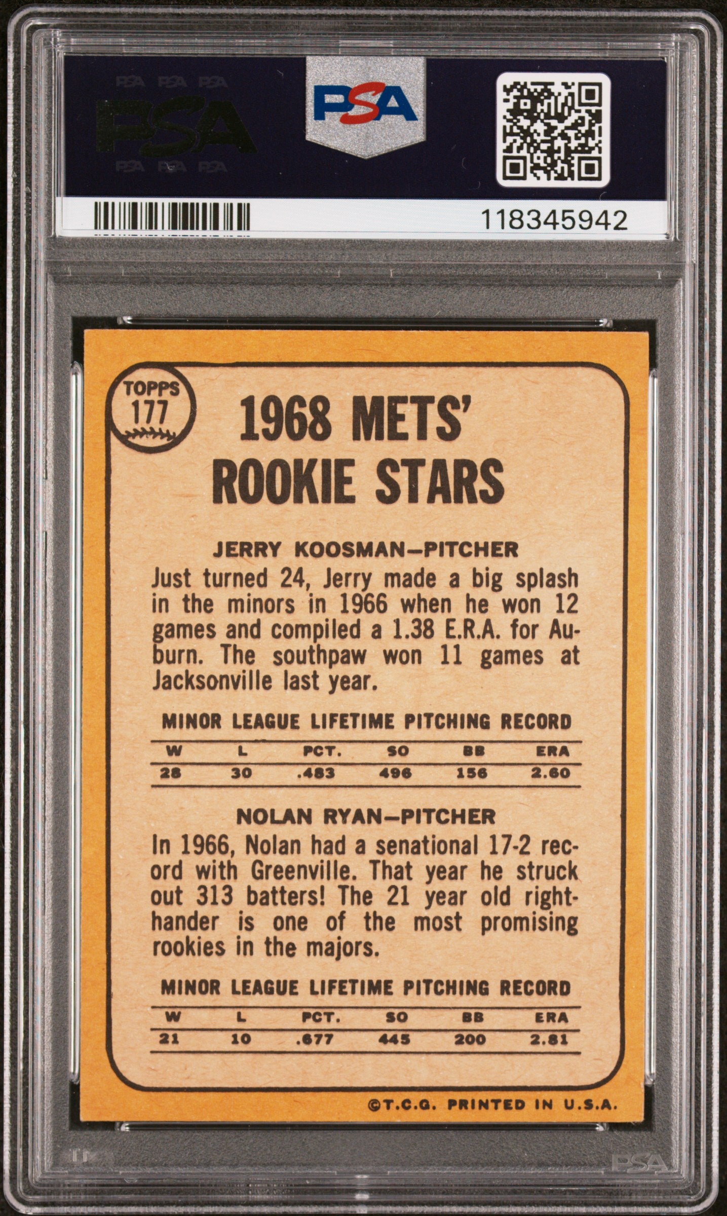 1968 Topps Mets Rookies #177 J. Koosman N. Ryan PSA 3