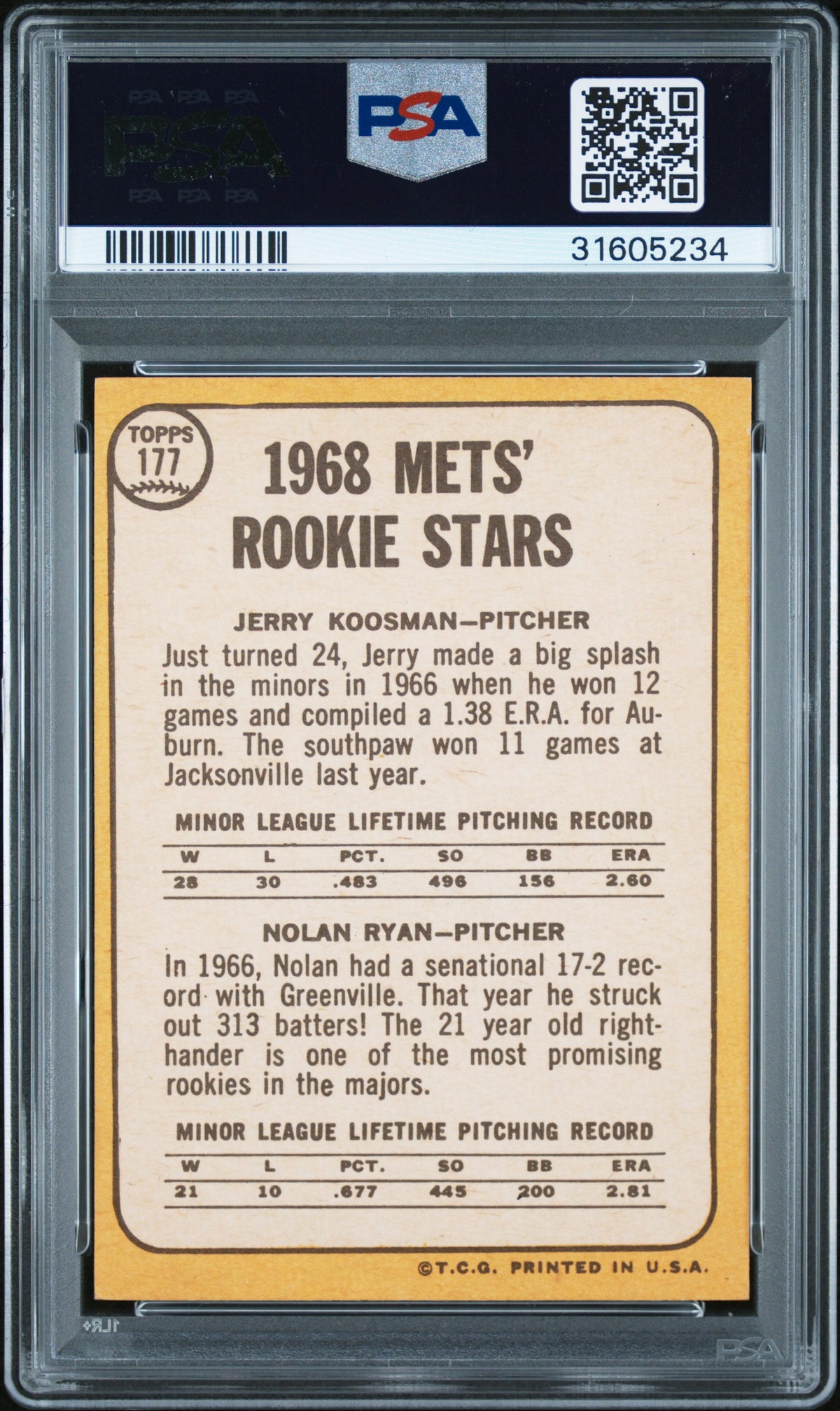 1968 Topps Mets Rookies #177 J. Koosman N. Ryan PSA 8