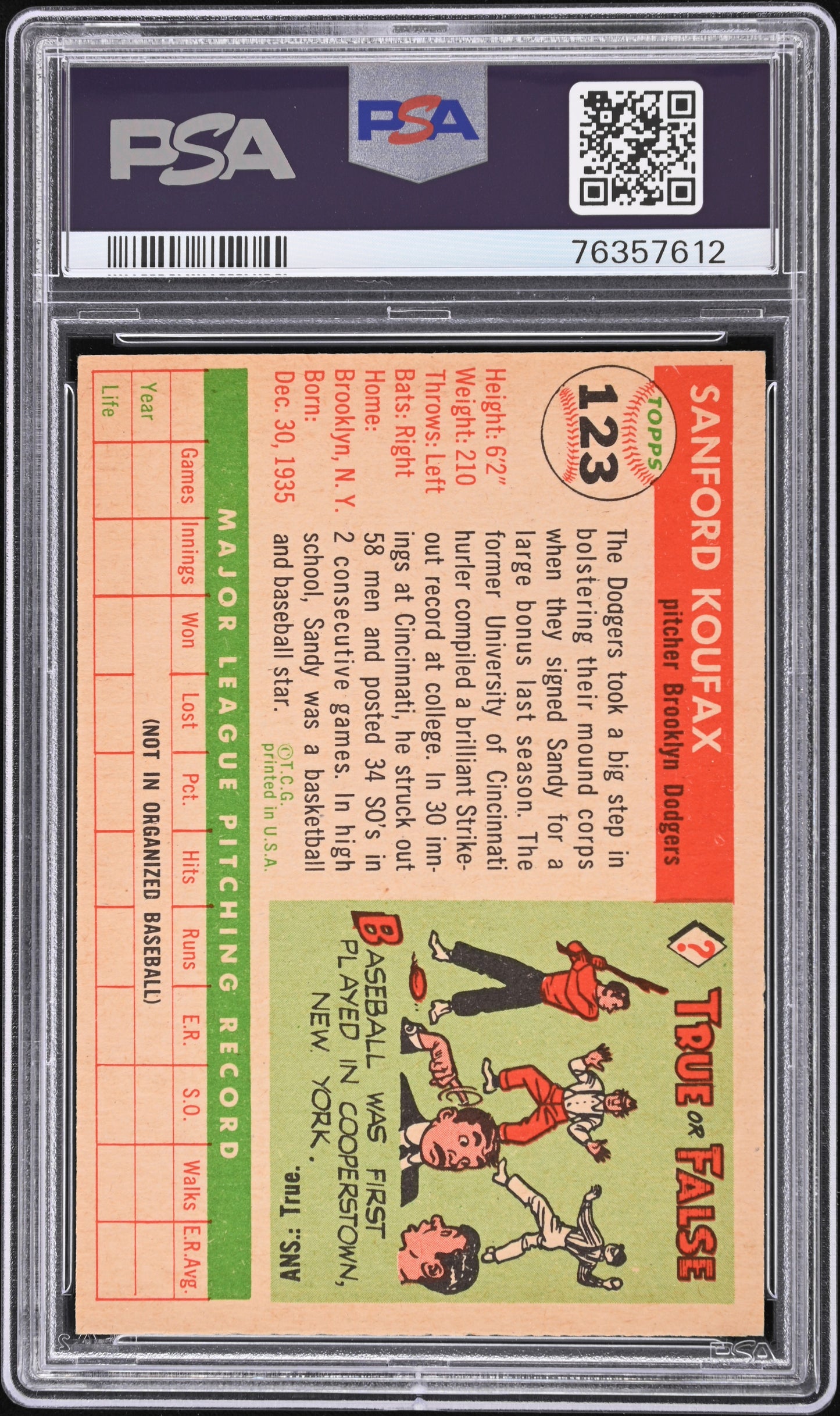 1955 Topps Sandy Koufax #123 PSA 5