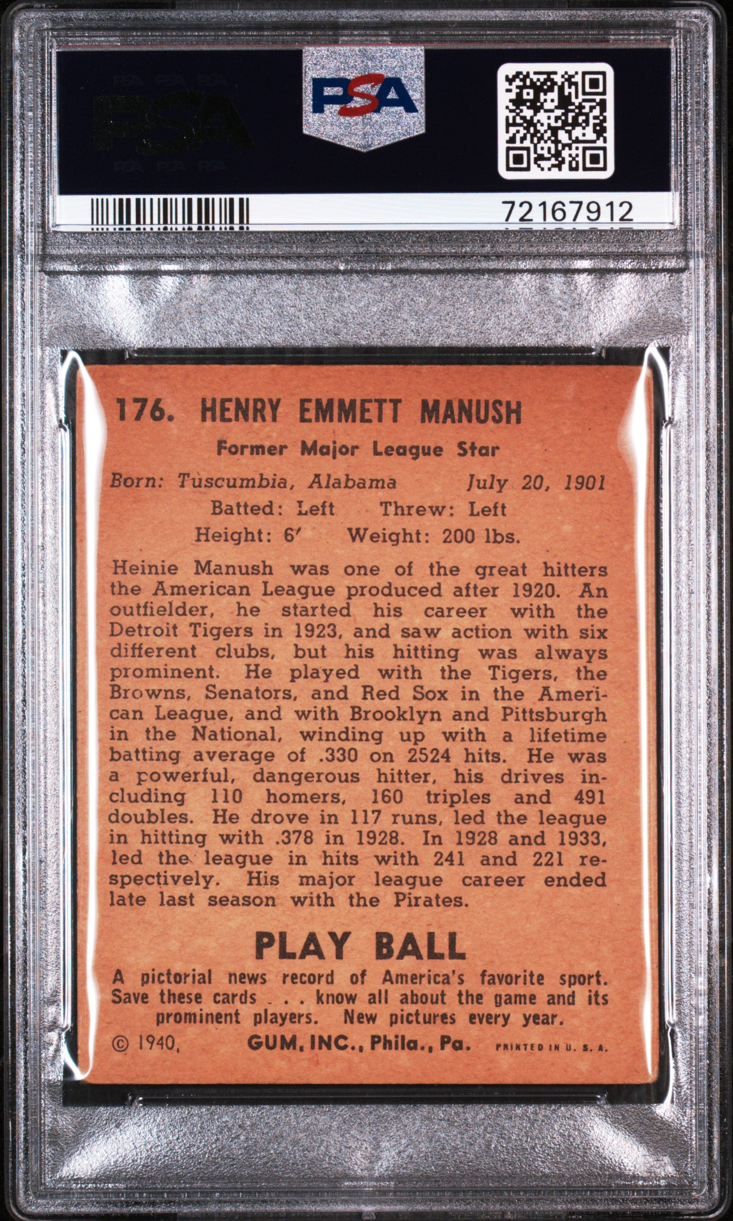 1940 Play Ball Heinie Manush #176 PSA 3