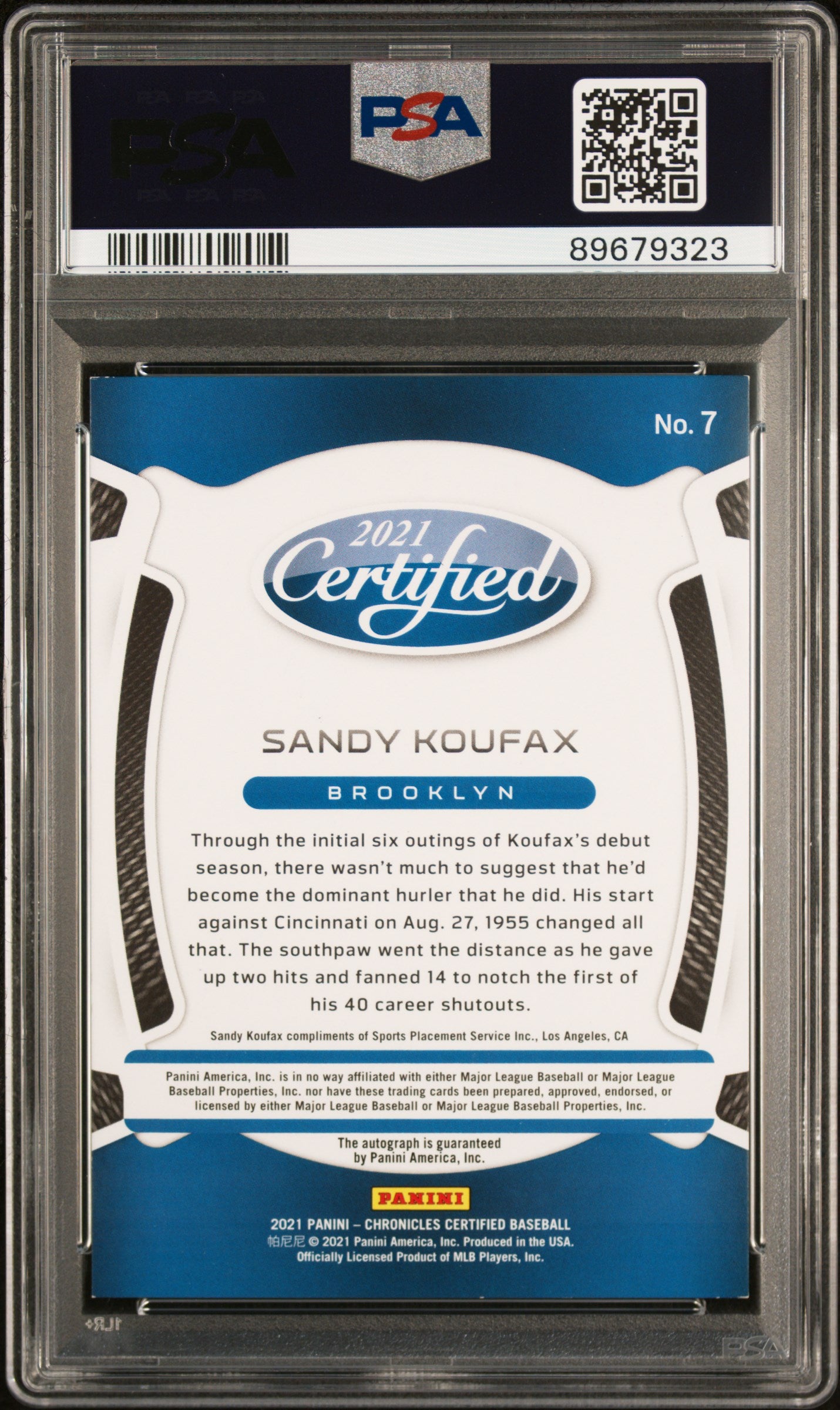 2021 Panini Chronicles Certified Sandy Koufax #7 Autograph Gold PSA 8 1/3