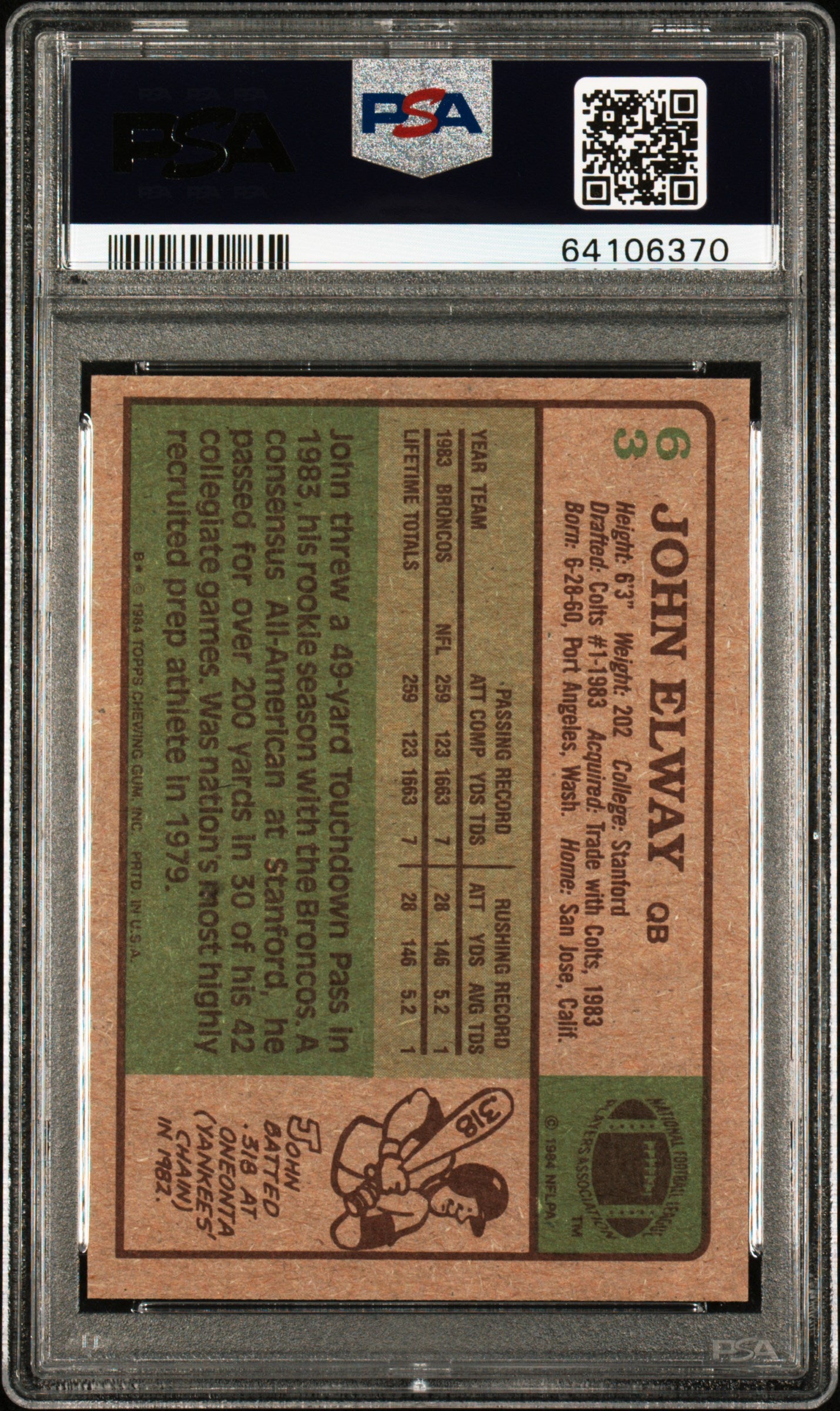 1984 Topps John Elway #63 PSA 9 Auto 10
