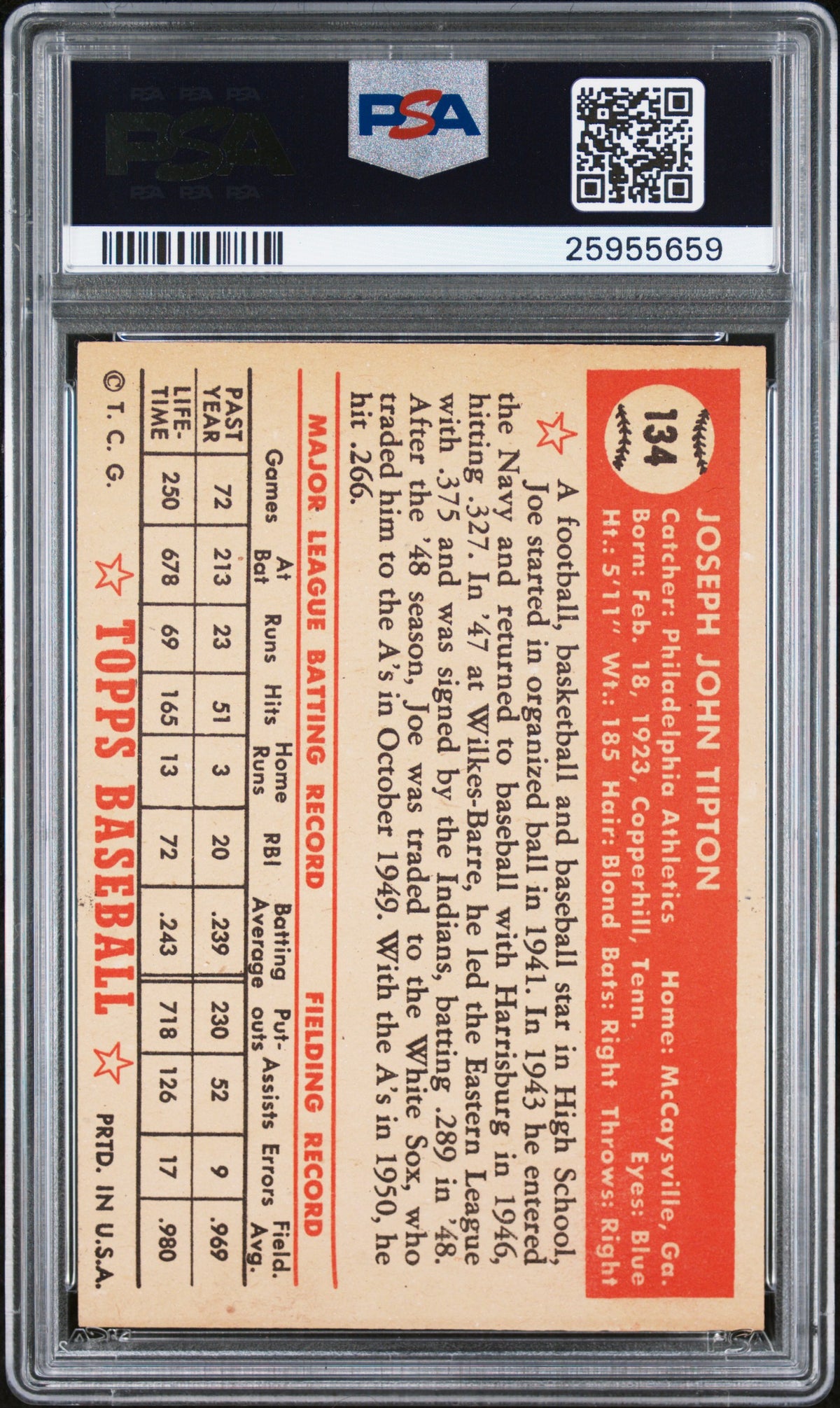 1952 Topps Joe Tipton #134 PSA 7