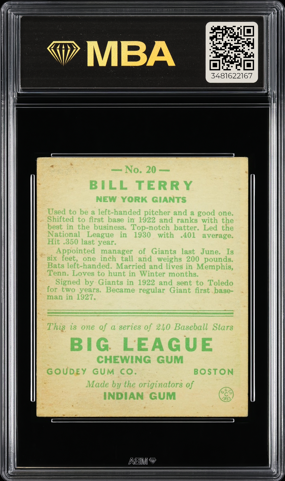 1933 Goudey Bill Terry #20 MBA 3