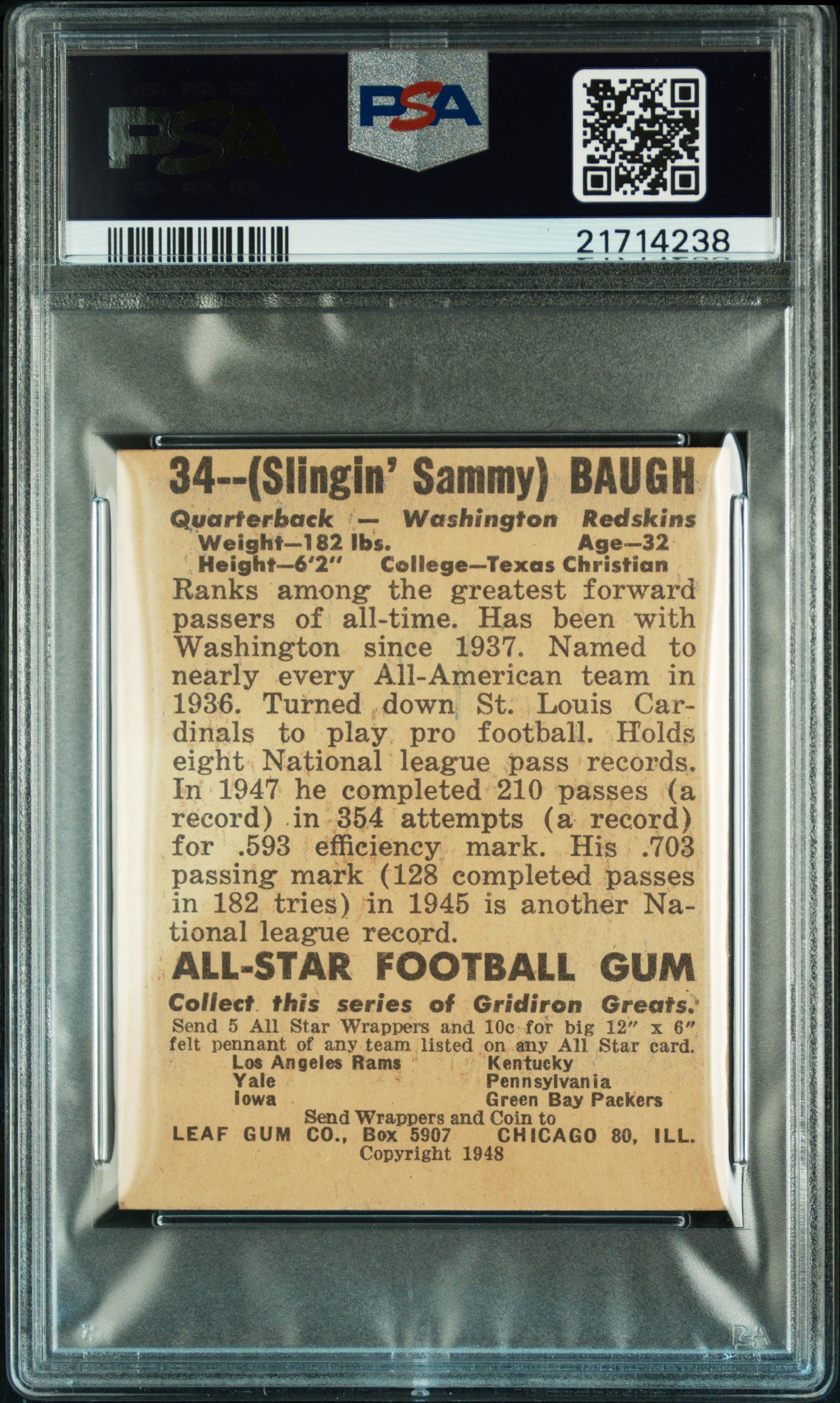 1948 Leaf Sammy Baugh #34 Red Jersey PSA 6