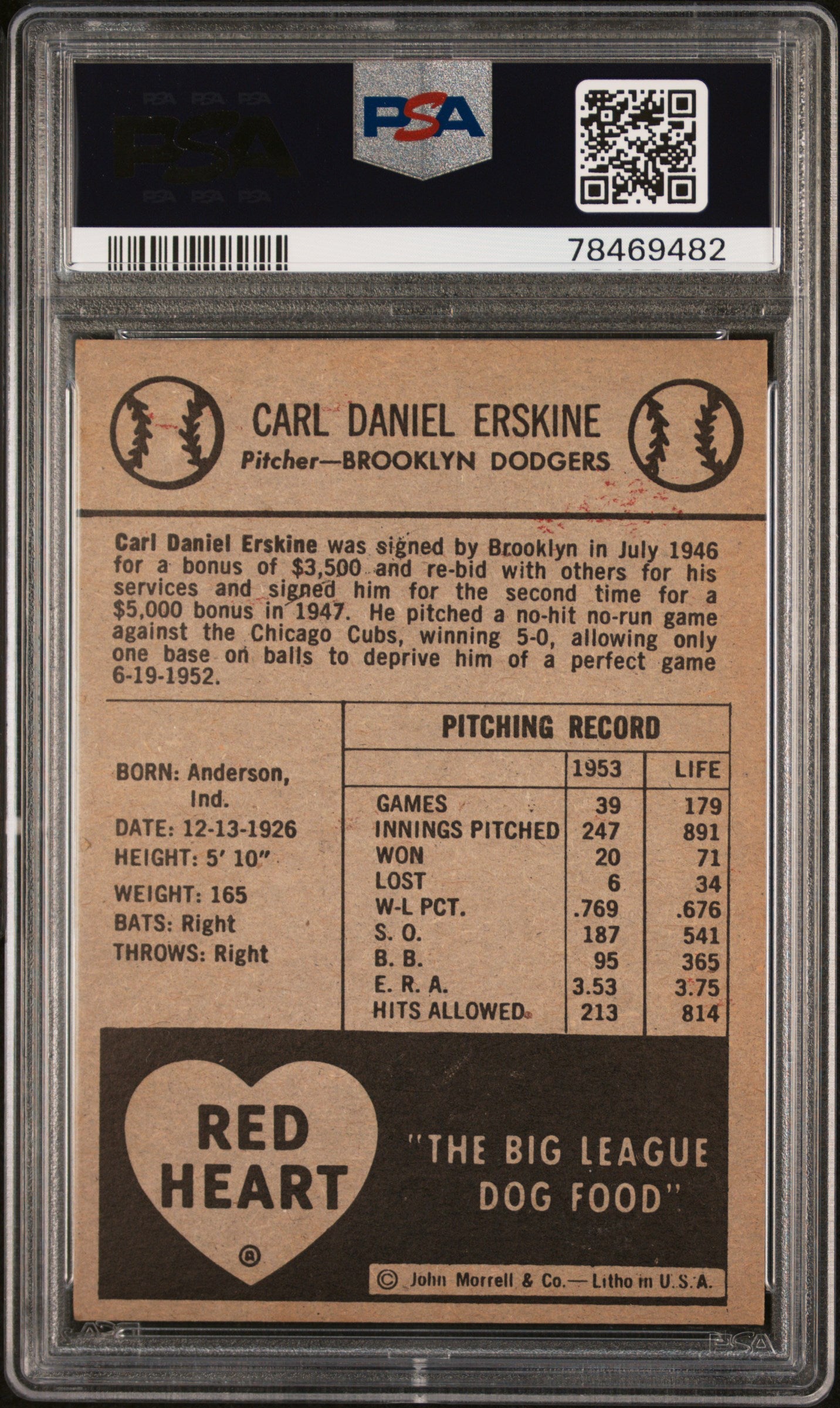 1954 Red Heart Carl Erskine PSA 5