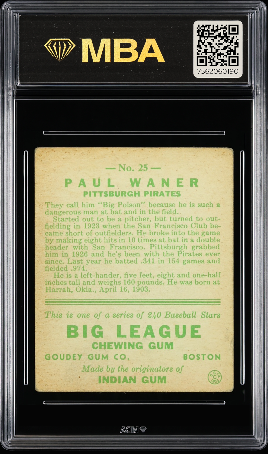 1933 Goudey Paul Waner #25 MBA 3