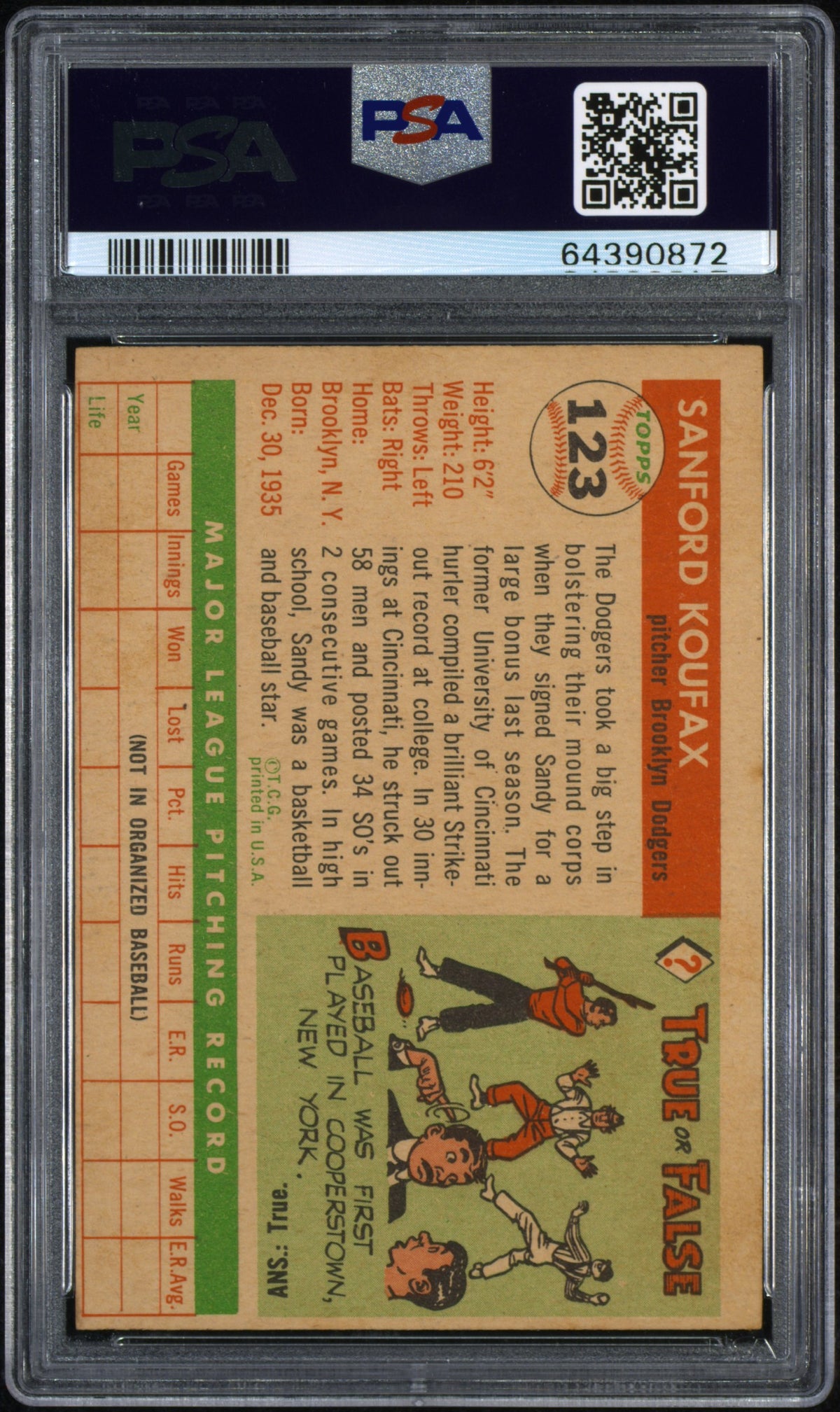 1955 Topps Sandy Koufax #123 PSA 4