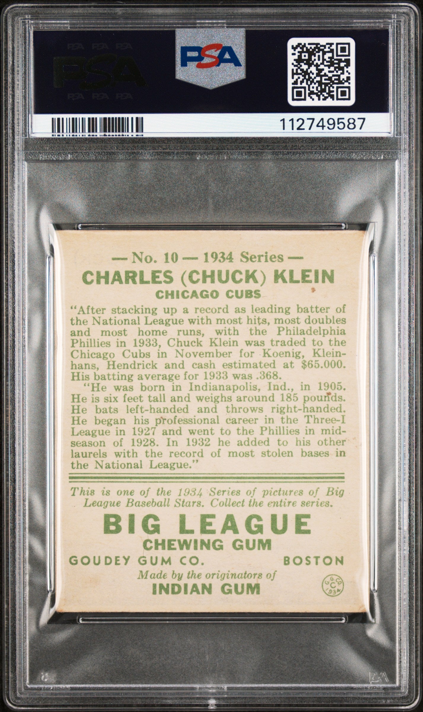 1934 Goudey Chuck Klein #10 PSA 3