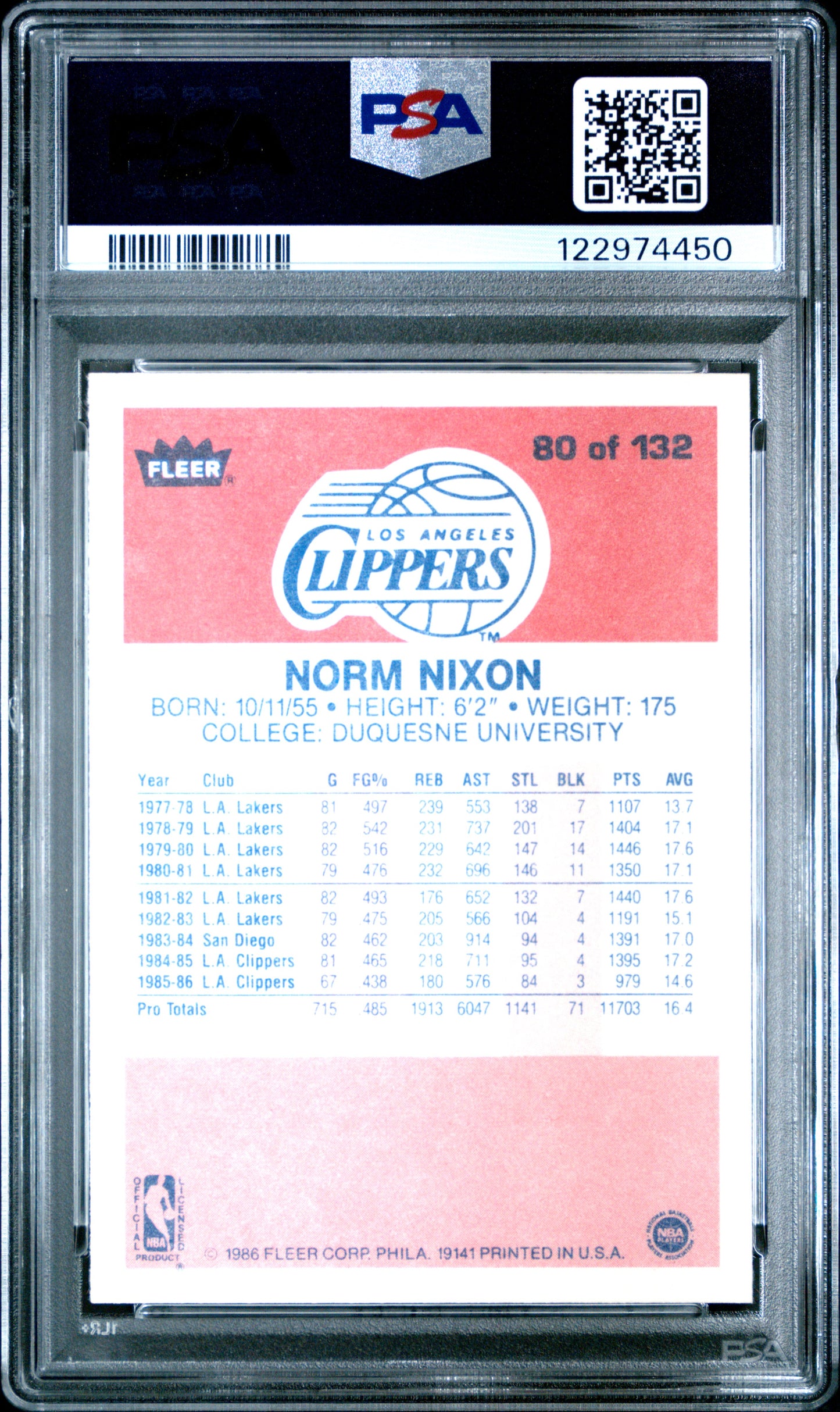 1986 Fleer Norm Nixon #80 PSA 10