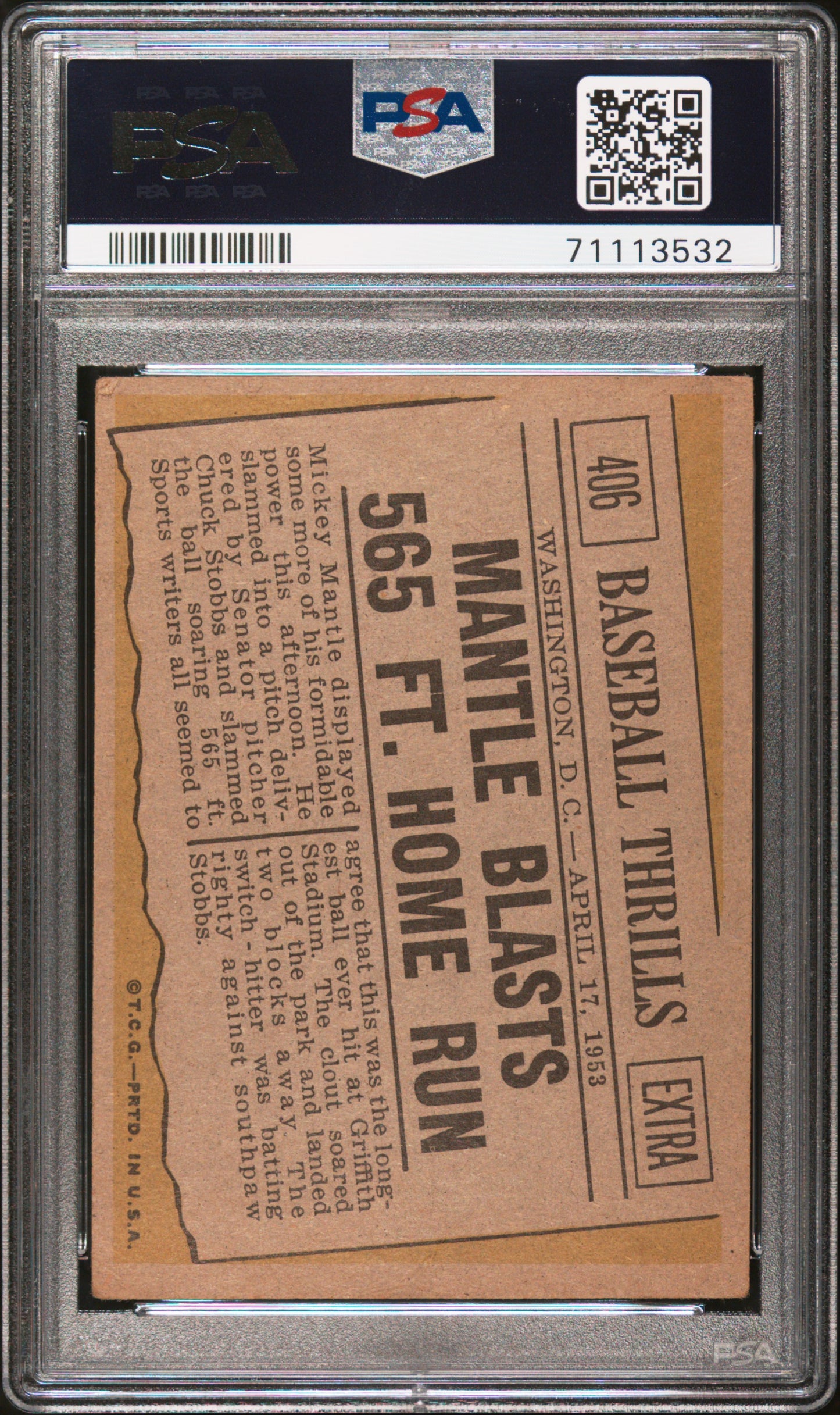 1961 Topps Mantle Blasts #406 565 FT. Home Run PSA 2